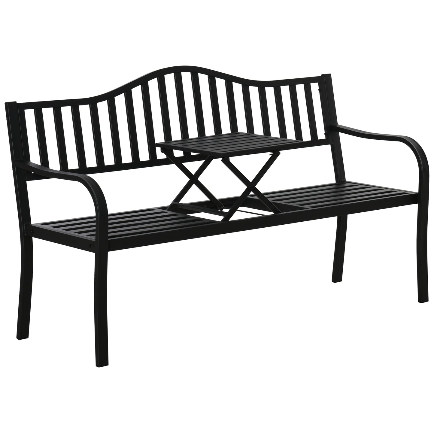 Metal Outdoor Bench with Liftable Middle Table, Patio Loveseat