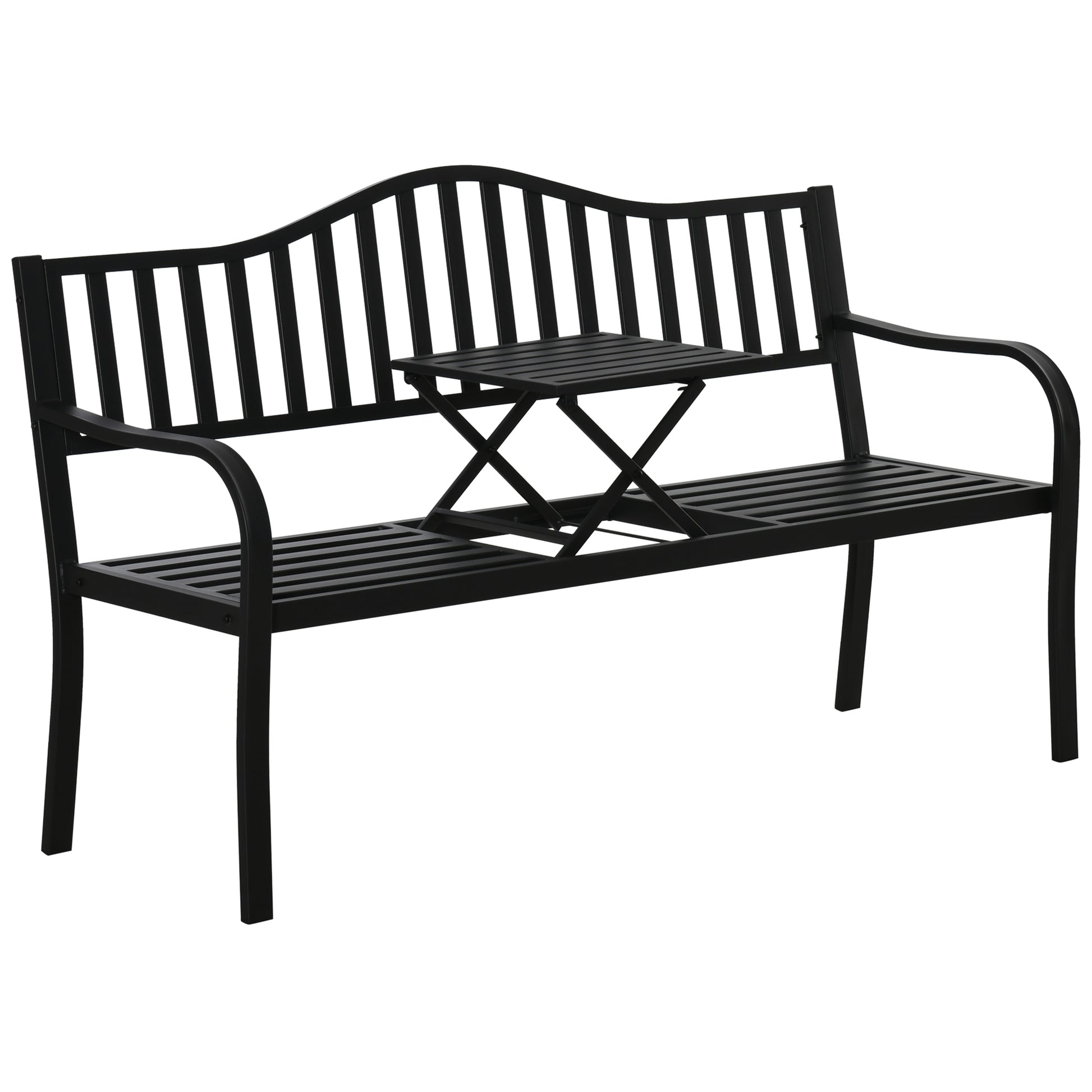 Metal Outdoor Bench with Liftable Middle Table, Patio Loveseat
