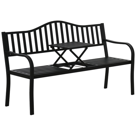 Metal Outdoor Bench with Liftable Middle Table, Patio Loveseat