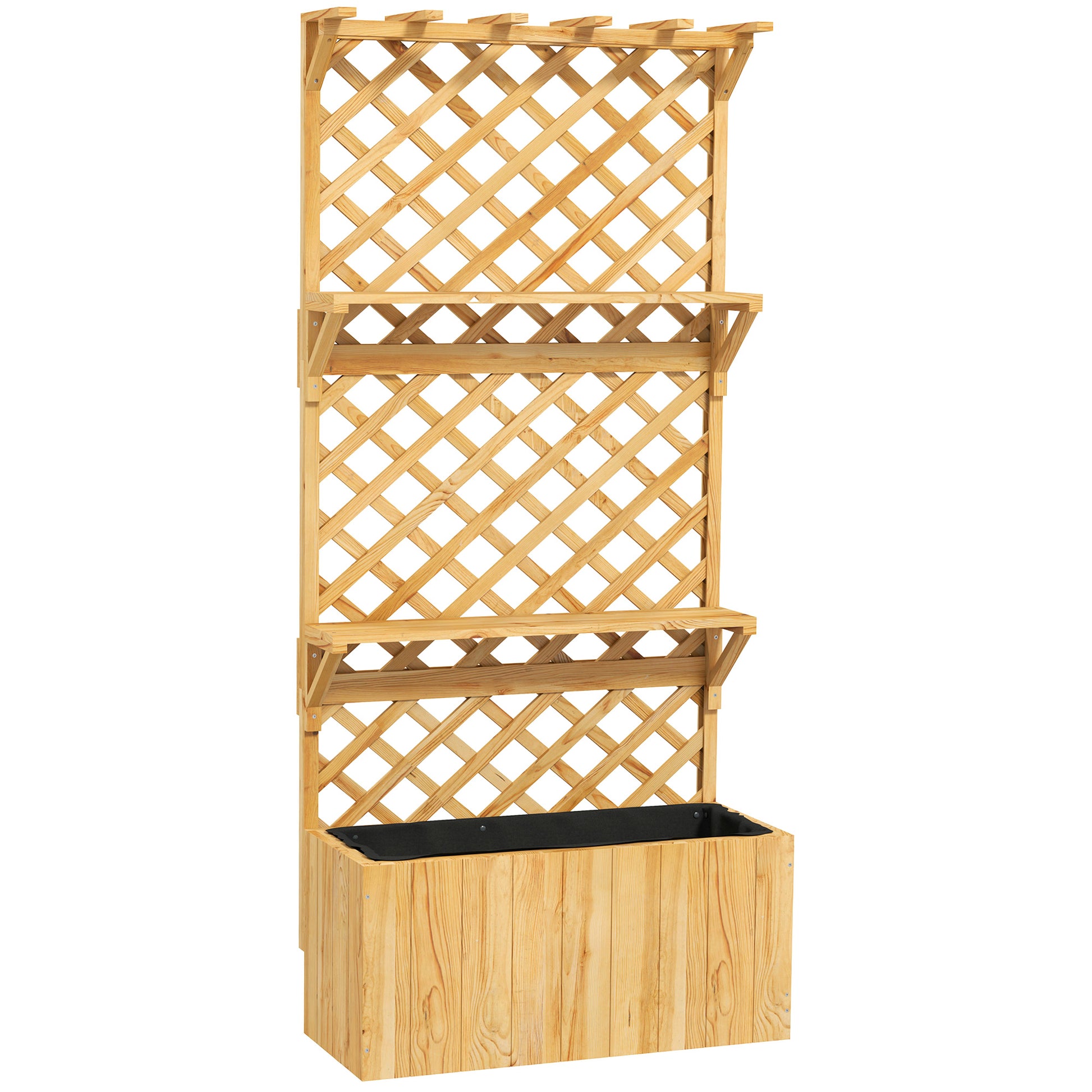 52L Wooden Planter, with Trellis and Shelves - Natural Finish
