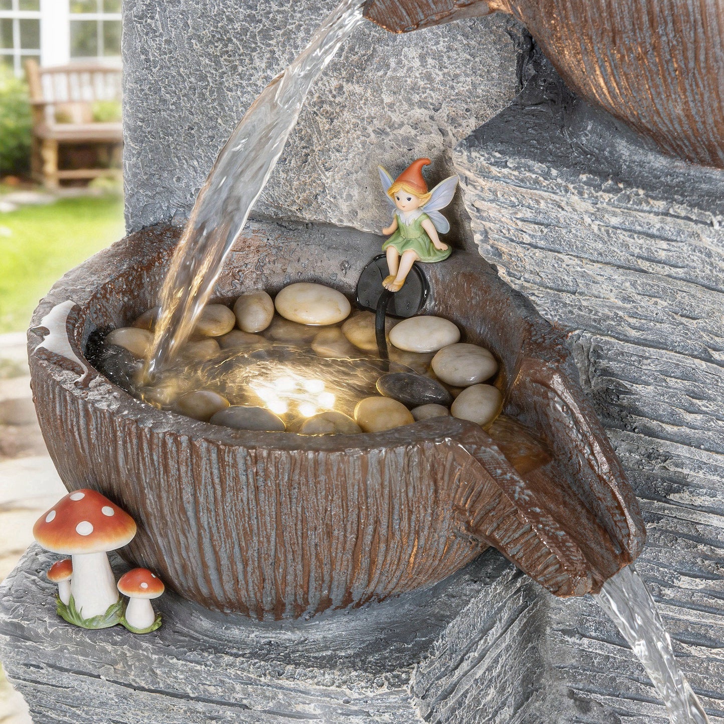 Outdoor Fountain with 5-Tier, Garden Fountain with LED Lights