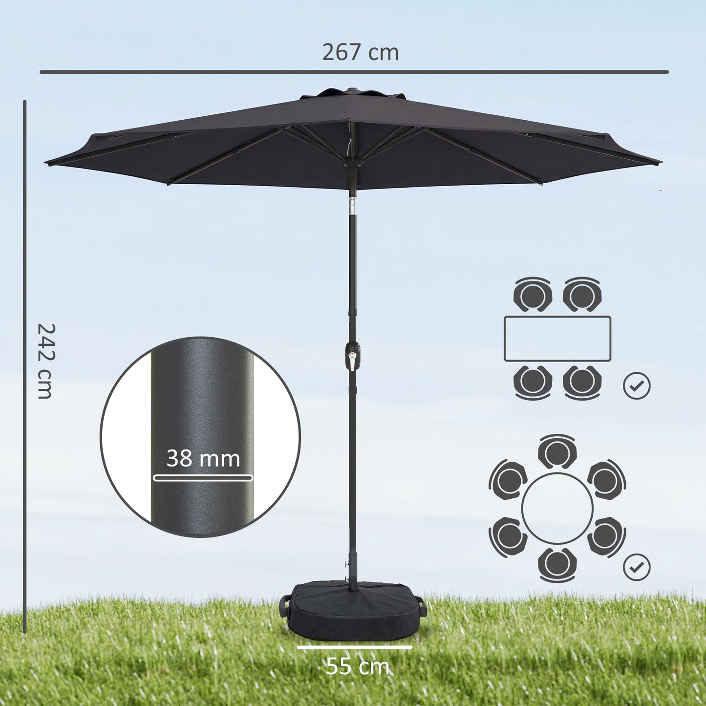 2.7 m Garden Parasol Umbrella with Cross Base and Sandbag
