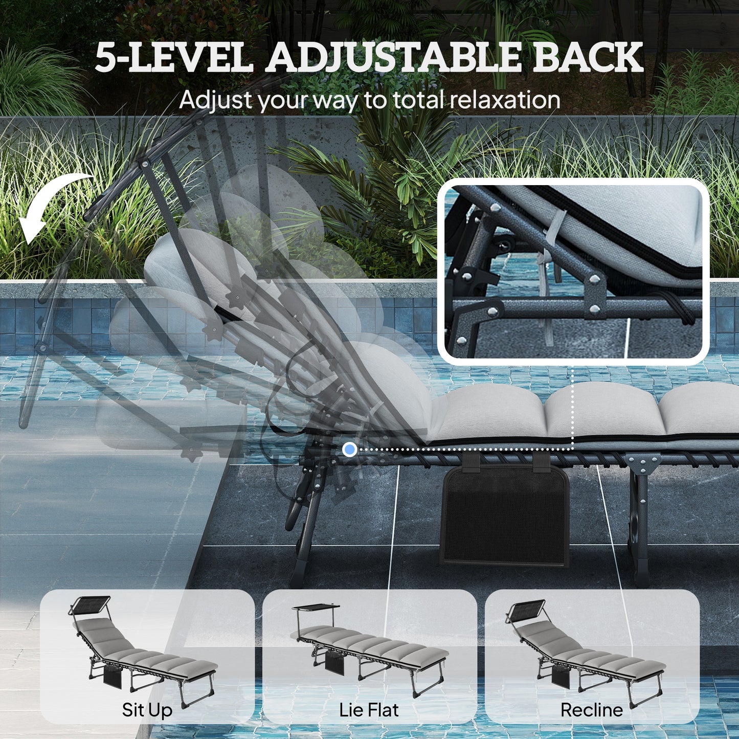 Folding Sun Lounger with Canopy, Reclining Sunbed with Cushion