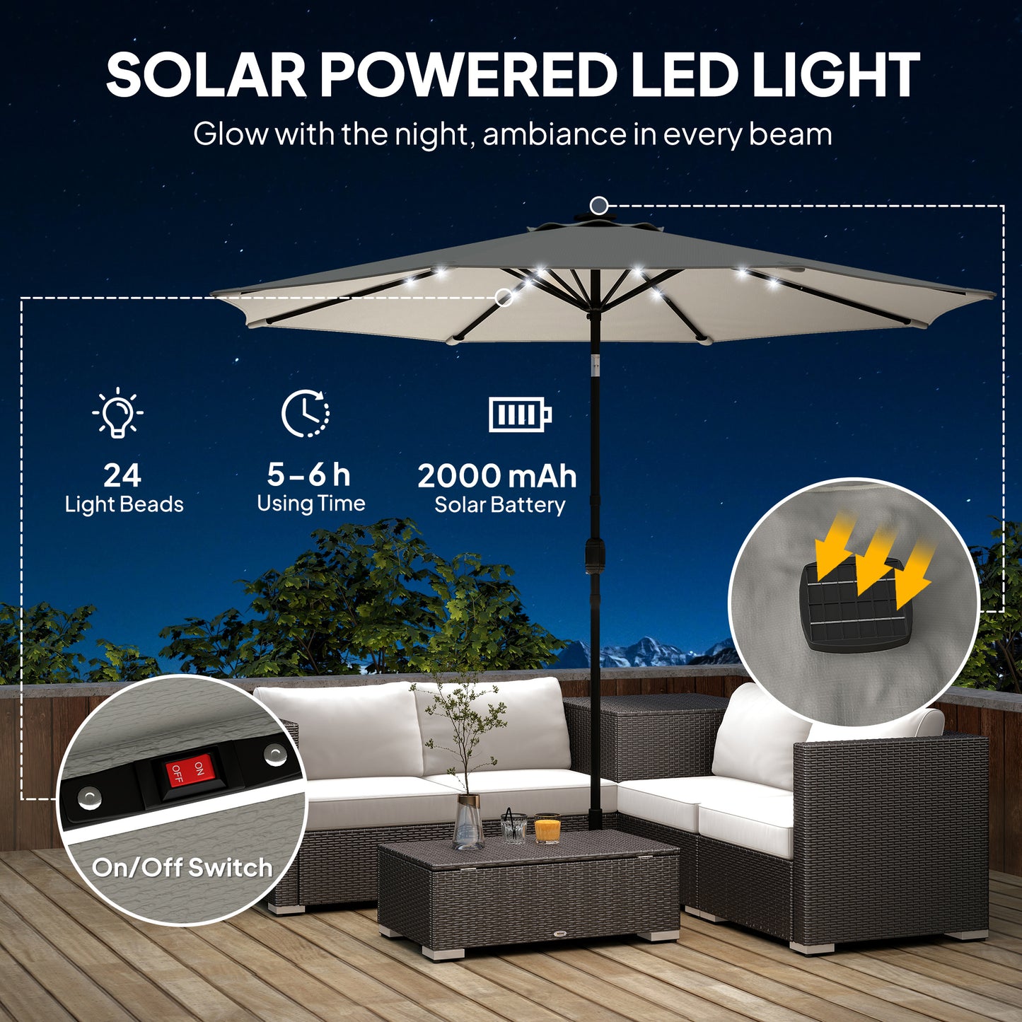 2.6 m Garden Parasol Umbrella with LED Solar Light, Parasol Cover