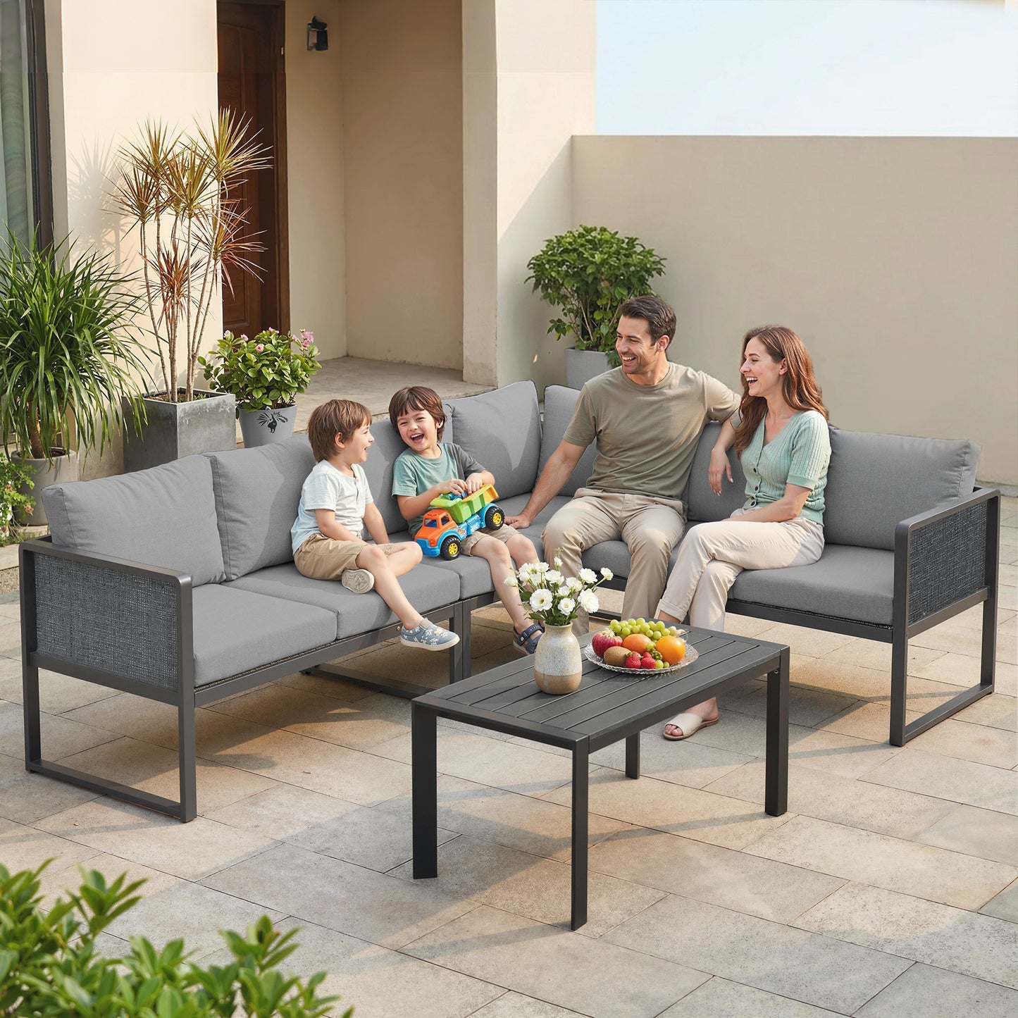 6 Seater Metal Garden Furniture Corner Sofa Set with 3 Loveseats