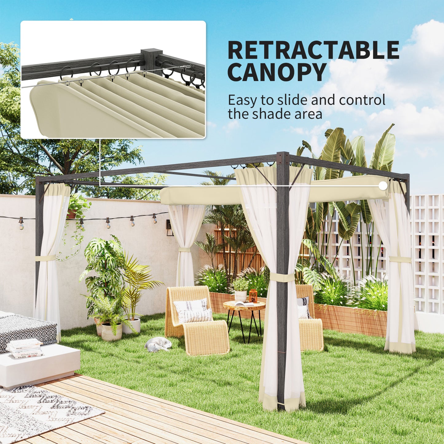 3 x 4m Aluminium Frame Pergola, with Retractable Roof