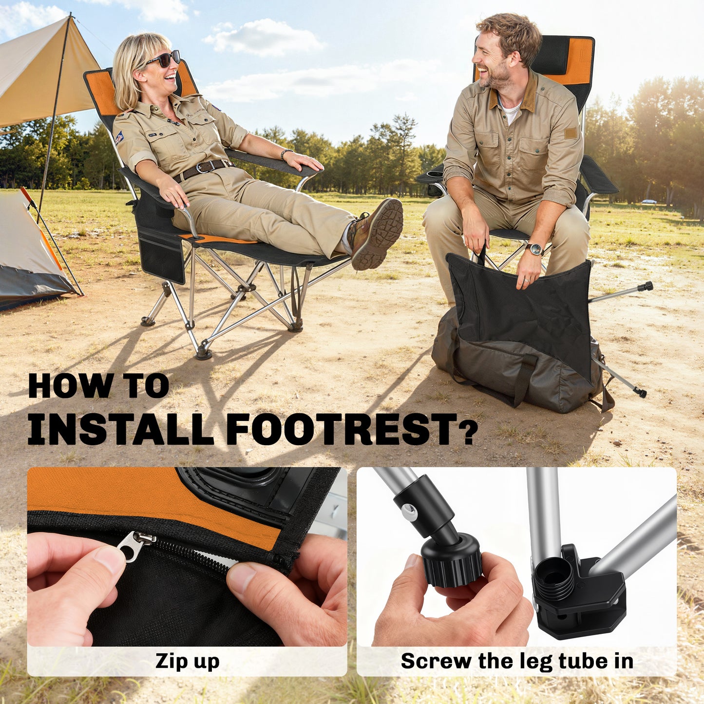 Set of 2 Reclining Folding Camping Chair w/ Detachable Footrest (1)
