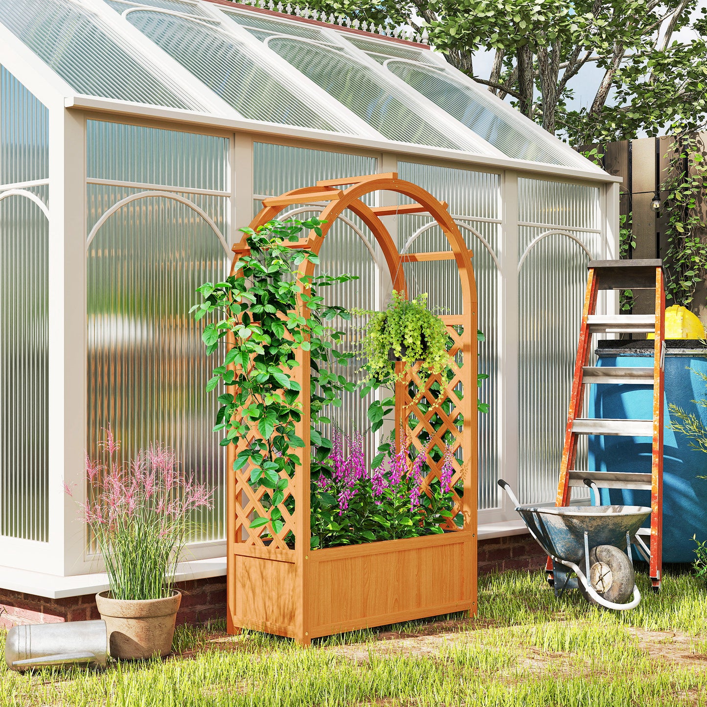 Wooden Raised Garden Bed with Trellis, Liner, Drainage Holes
