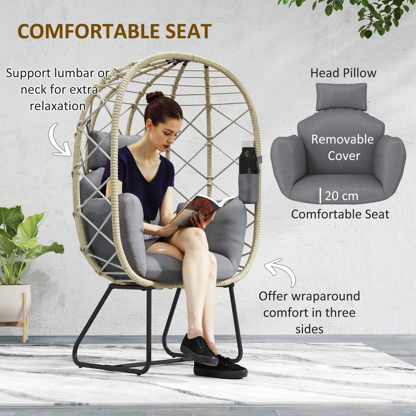 Rattan Egg Chair Outdoor Indoor Wicker Chair with Thickened Cushion