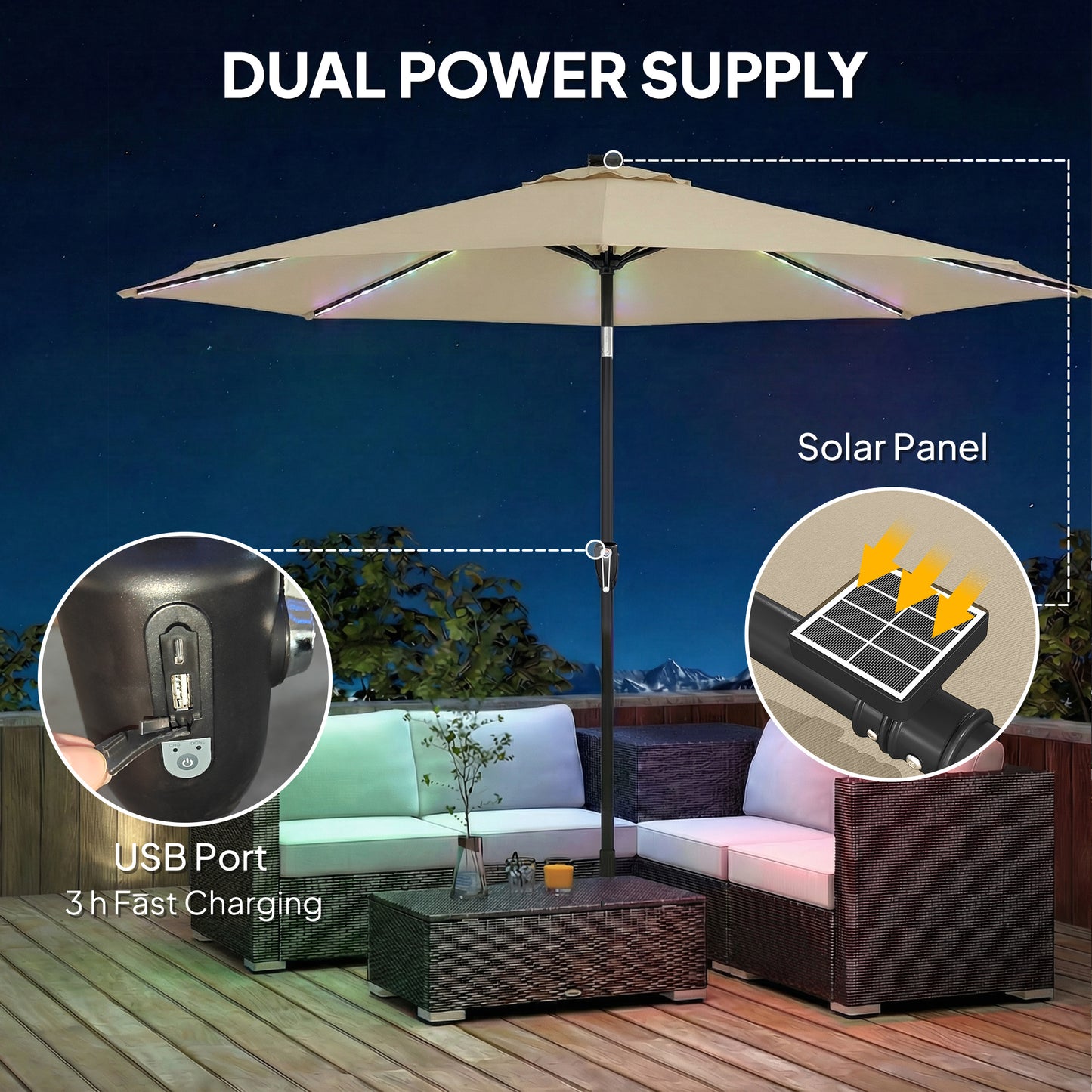 3 m Garden Parasol Umbrella with 112 Solar Powered LED Lights