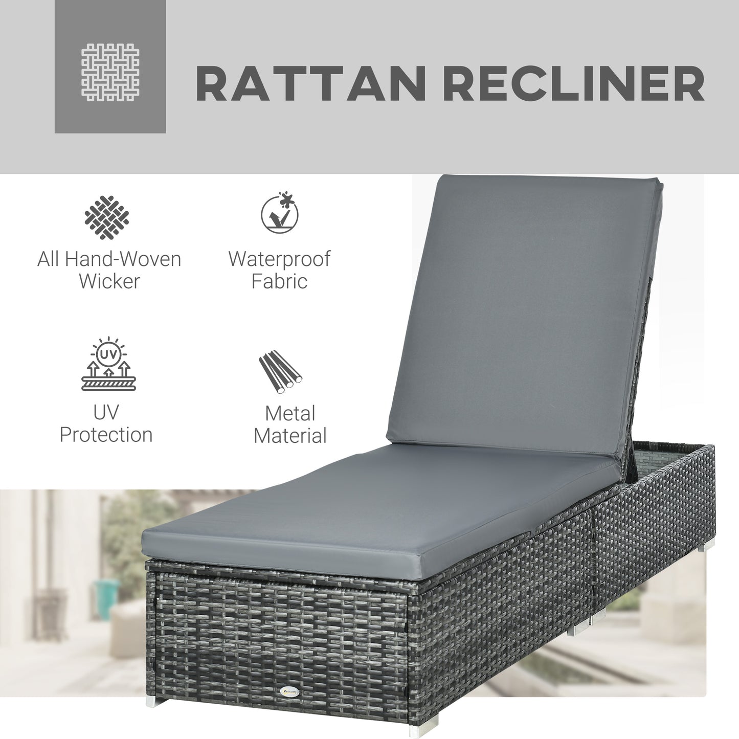 PE Rattan Sun Lounger, Five-Position Adjustable Recliner Lounger