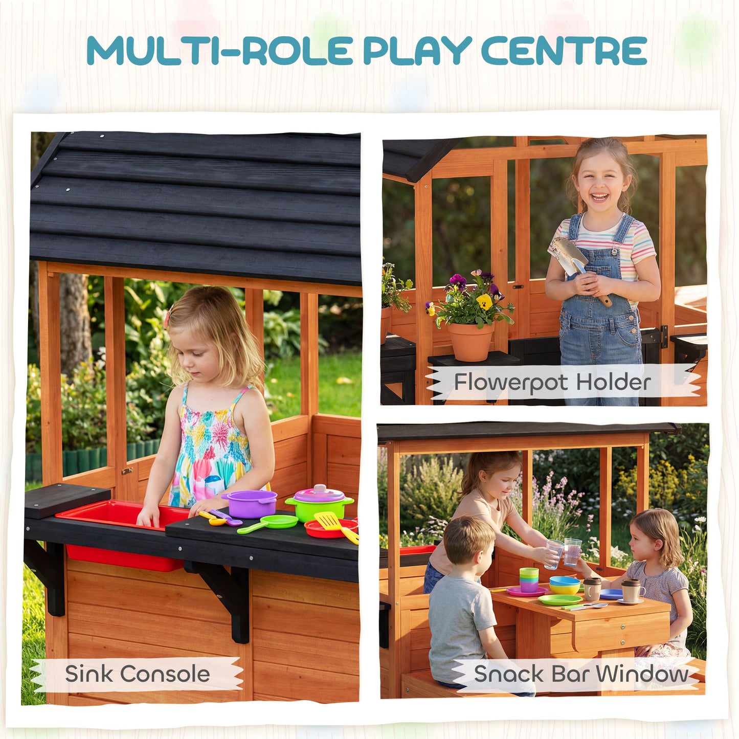 Wooden Playhouse Playhouse for Kids with Table, Benches, Sink Table