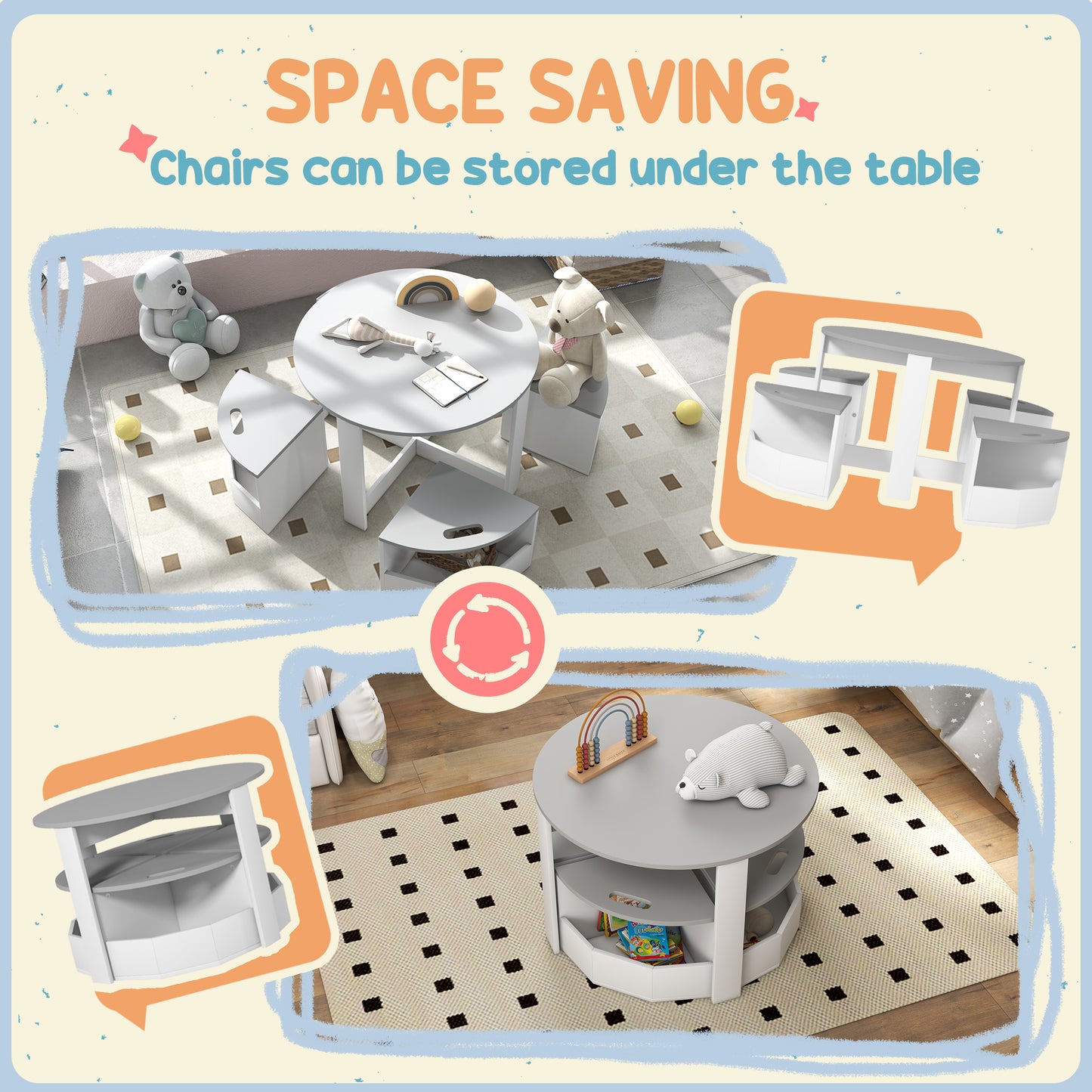 Five-Piece Kids Table and Chairs Set with Storage, for Ages 3-8 Years