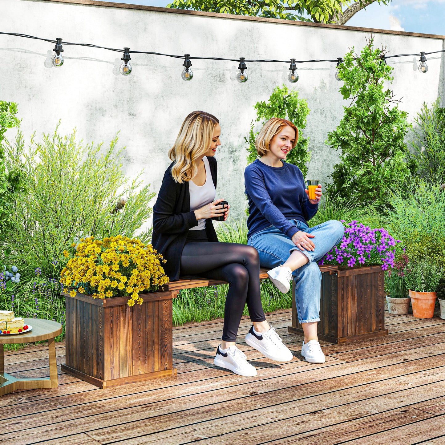 Wooden Garden Planter & Bench Combination Garden Raised Bed Patio