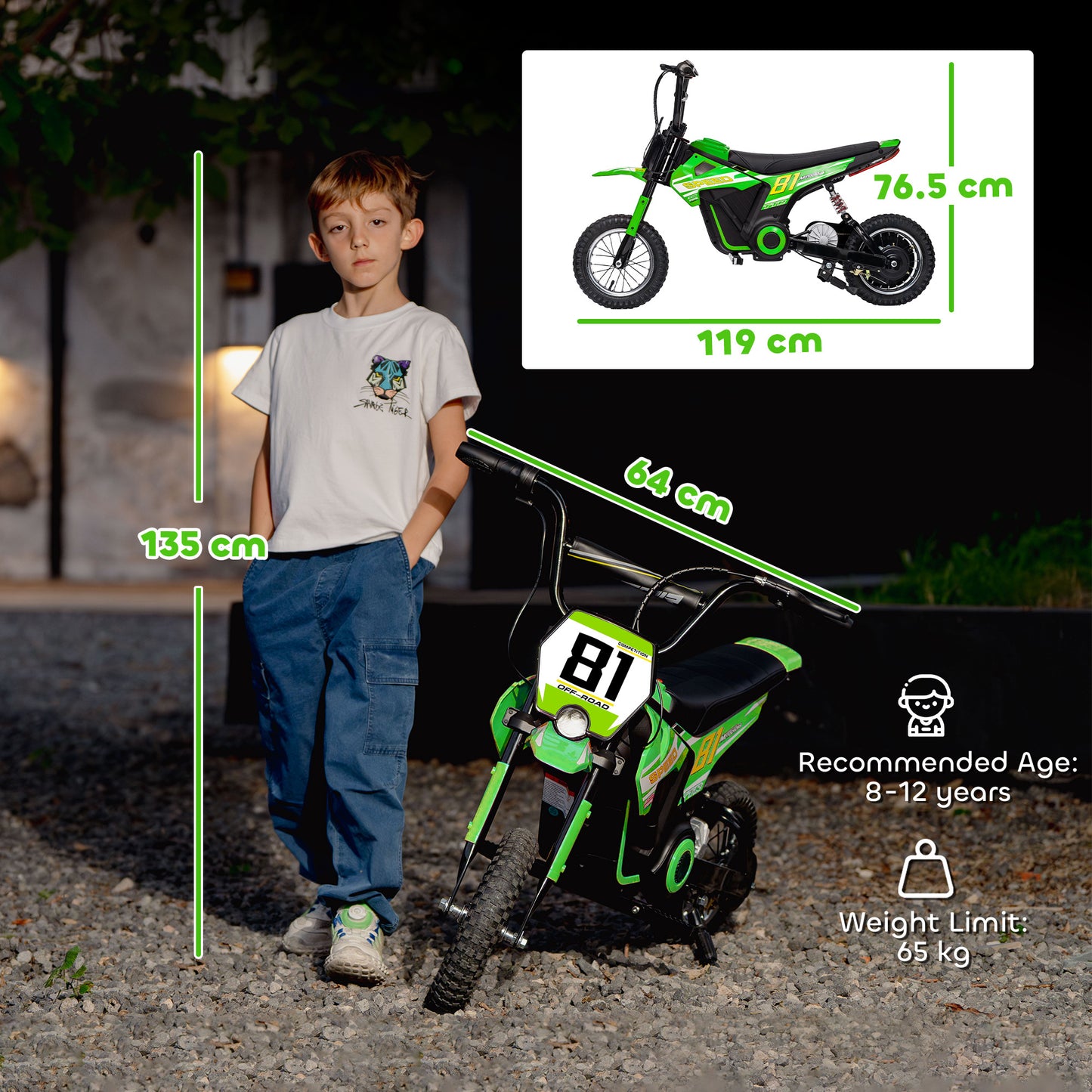 Kids Electric Motorbike, 24V Ride On Motorcycle with 3 Speeds