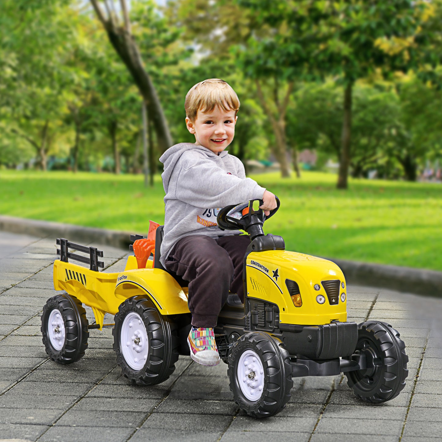 Kids Ride on Tractor with Back Trailer, Shovel & Rake, Horn