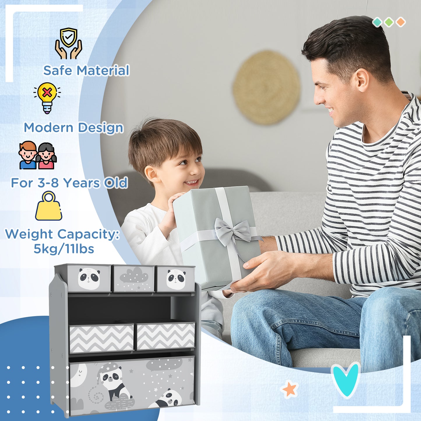 Kids Storage Unit, Toy Storage Organiser, with Six Fabric Bins