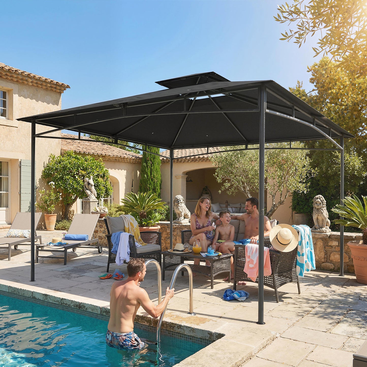 3 x 3 m Gazebo, Garden Gazebo with 2-Tier Roof, Metal Frame