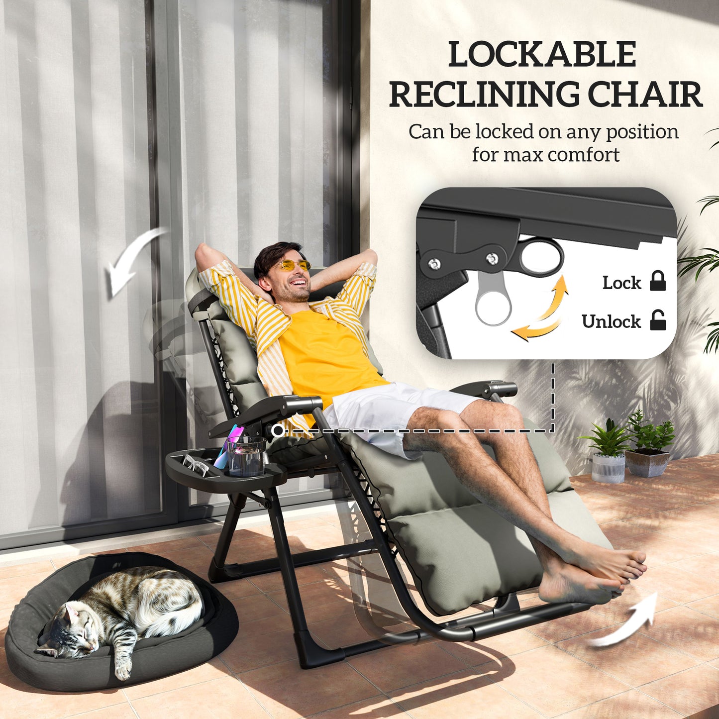 Set of Two Reclining Sun Loungers, with Cushion