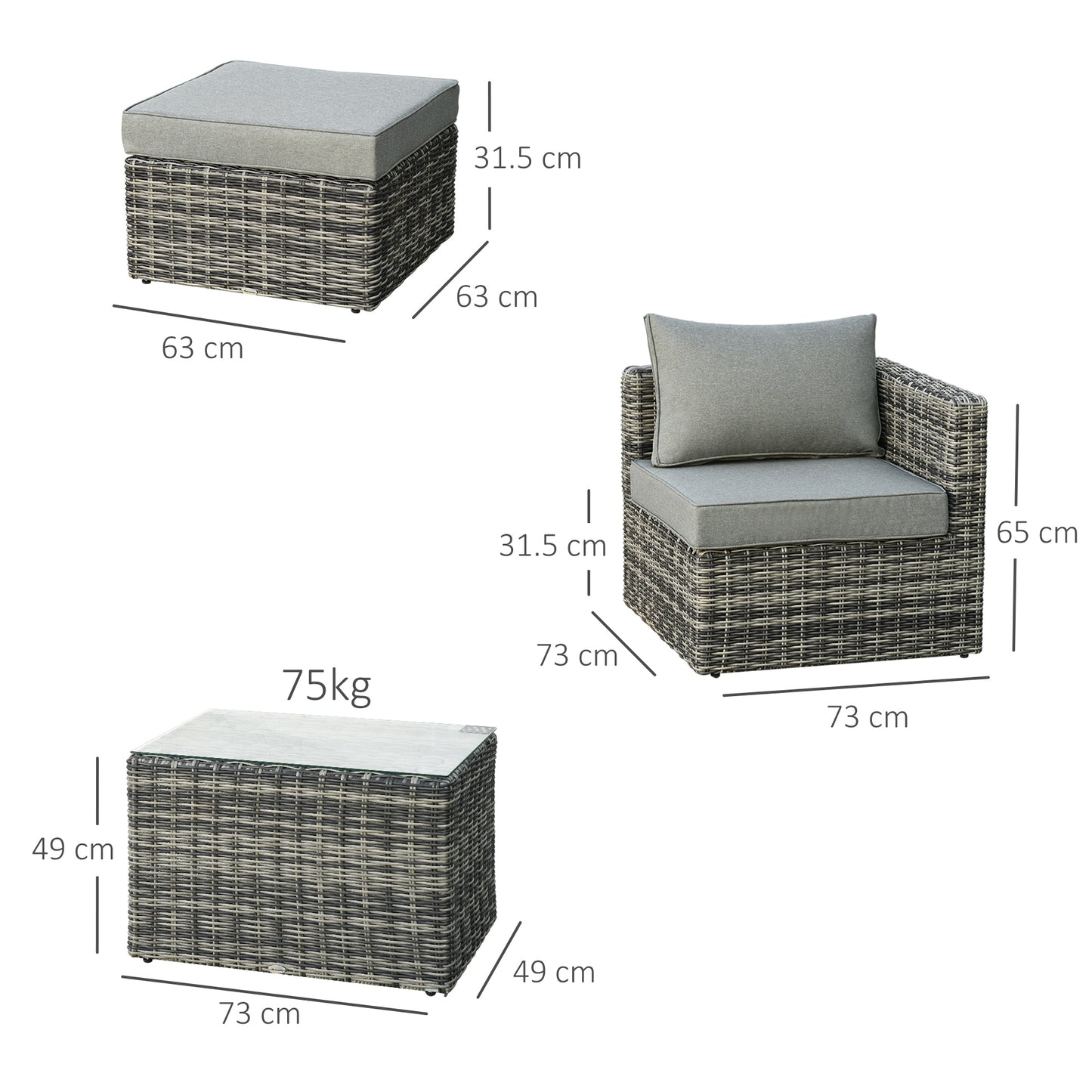 Five Piece Rattan Armchair, Stool and Table Set