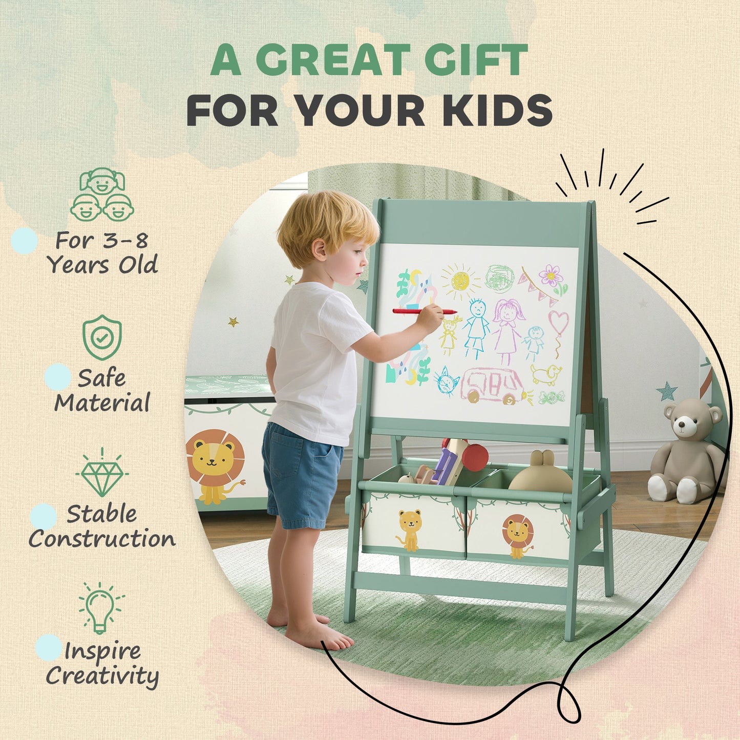 Art Easel for Kids, Double-Sided Whiteboard/Blackboard