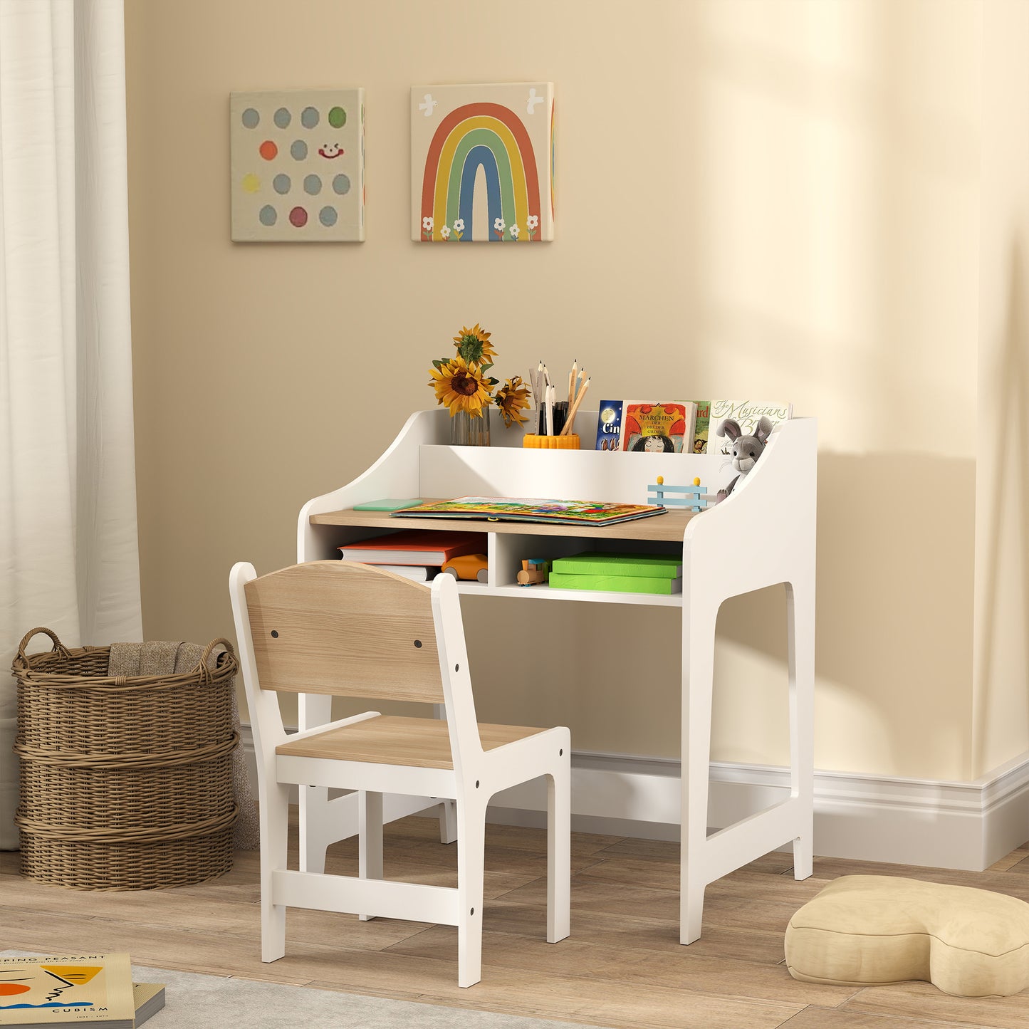 Kids Desk and Chair Set, Children Study Table with Storage