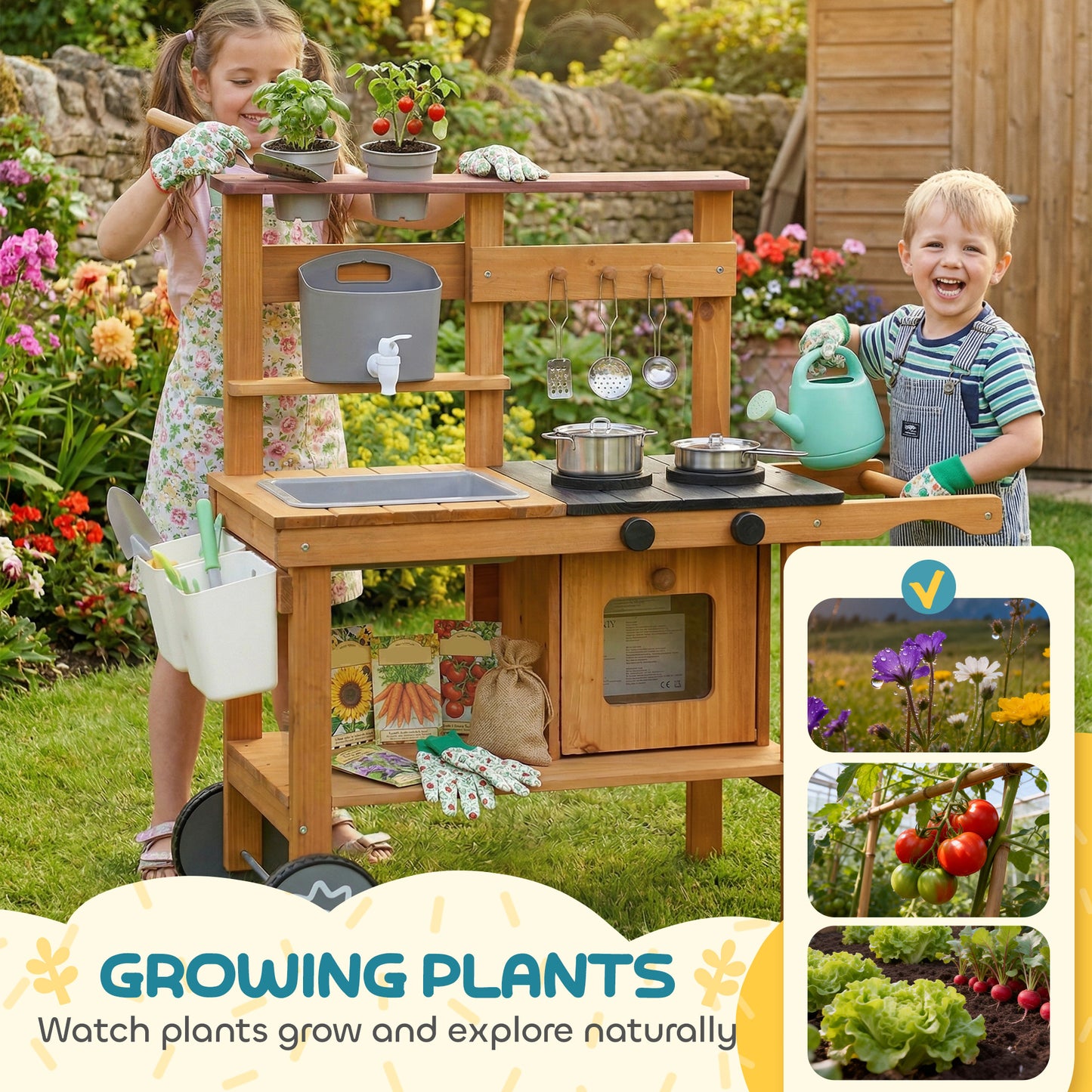 Wooden Mud Kitchen with Wheels, Stove, Faucet, Flower Pots