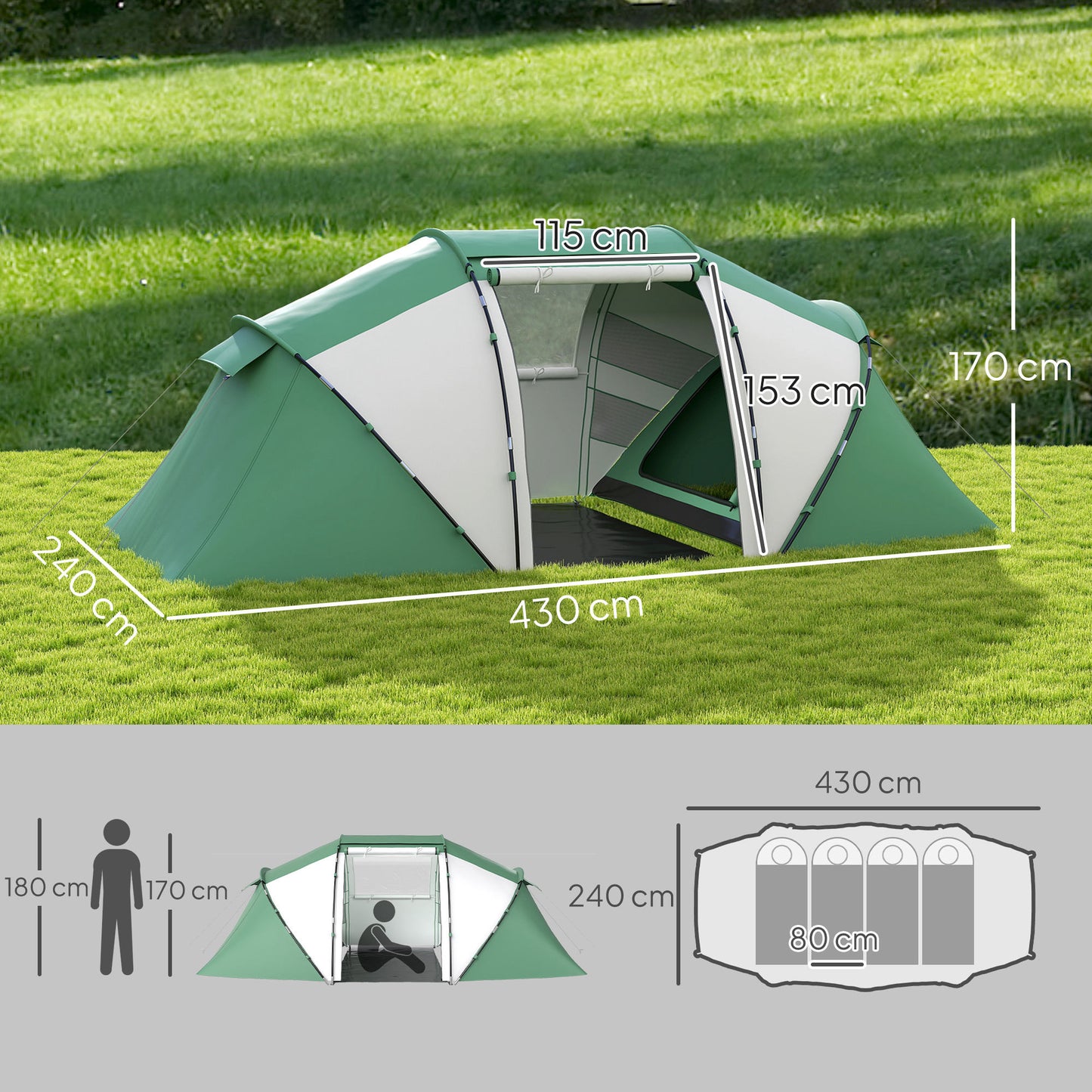 4-6 Man UV Protection Camping Tent - Green and