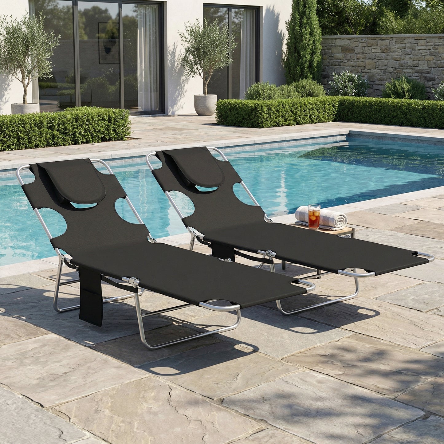 5-Position Adjustable Sun Loungers Set of 2 with Reading Hole