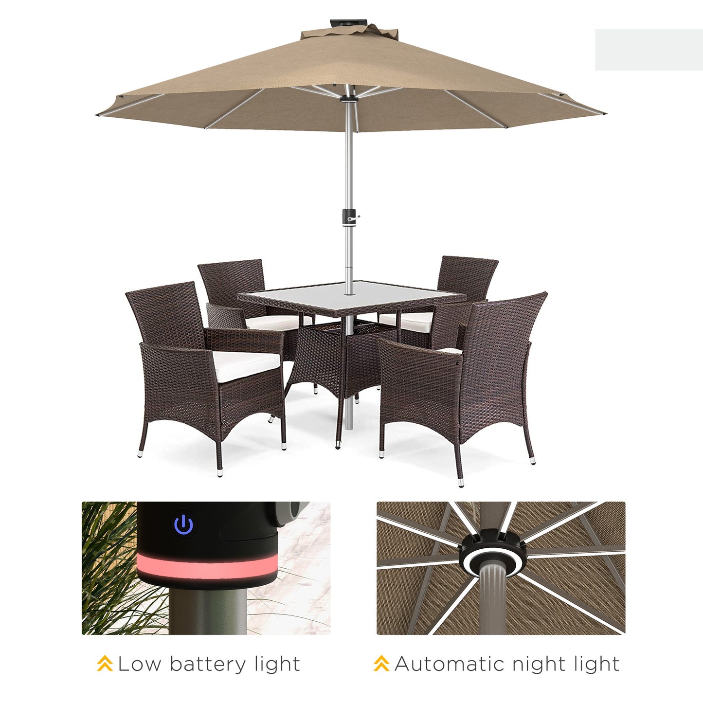 3m Parasol, with Solar-Powered LED Lights