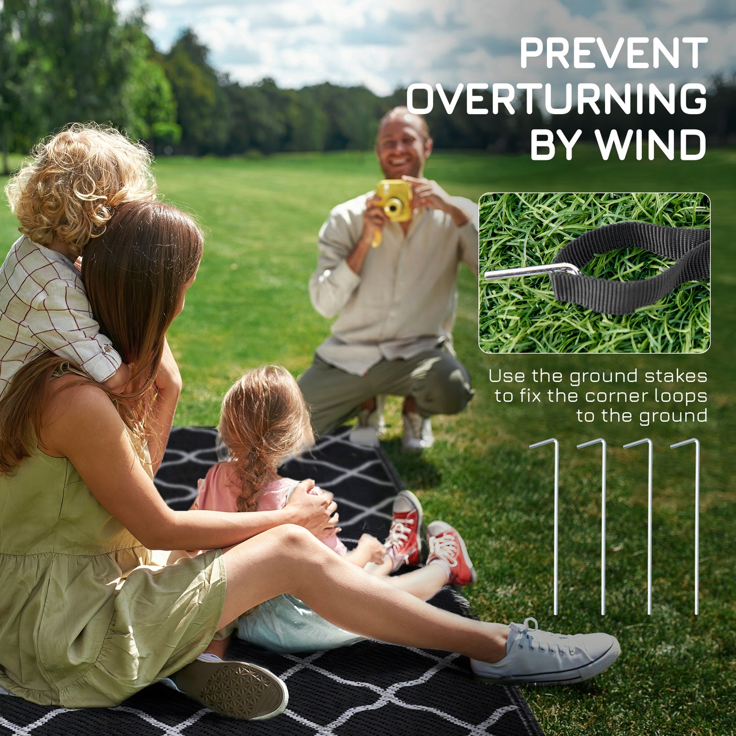Reversible Outdoor Rug, Plastic Straw Mat w/ Carry Bag Ground Stakes