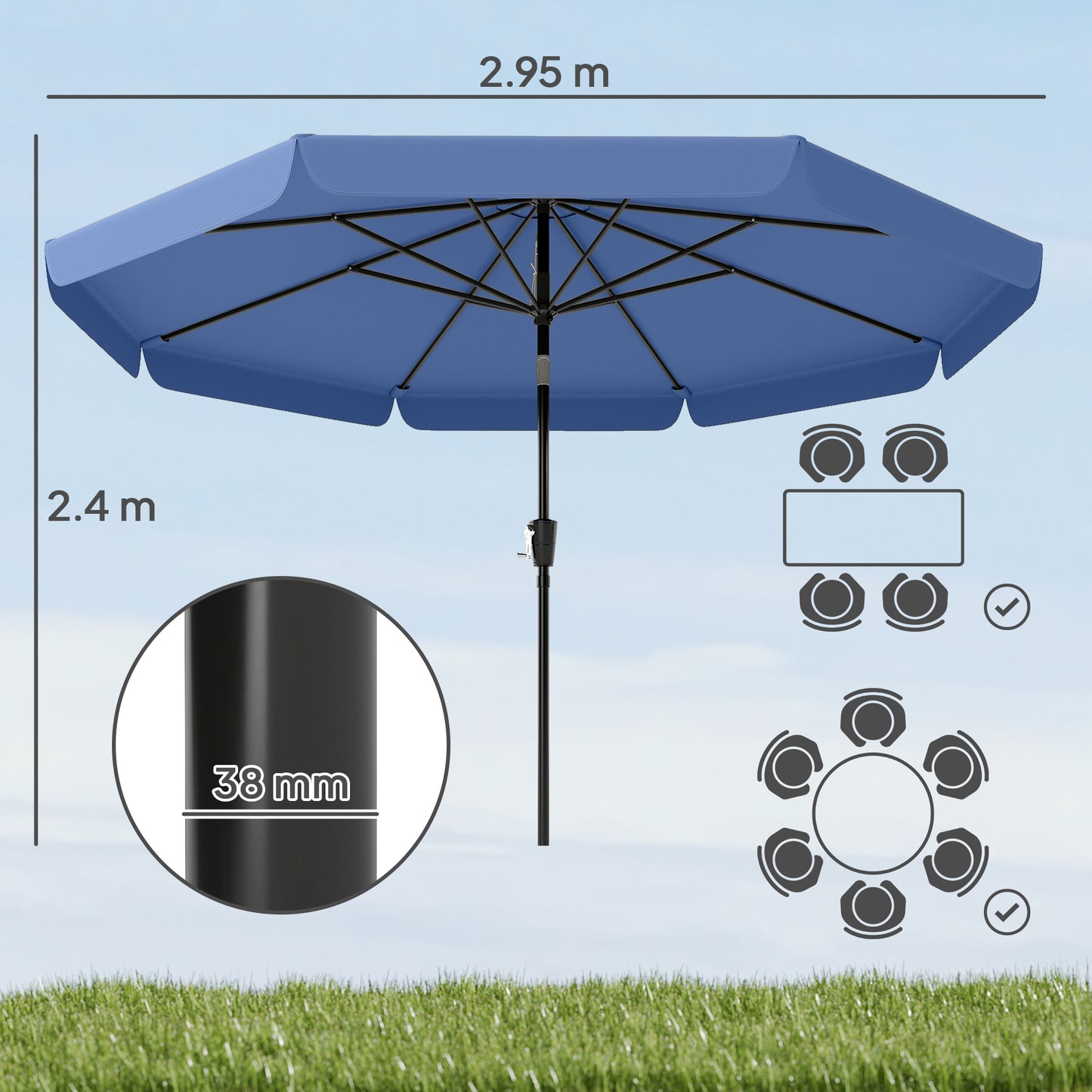 3 m Garden Parasol with Tilt Mechanism & Crank Handle