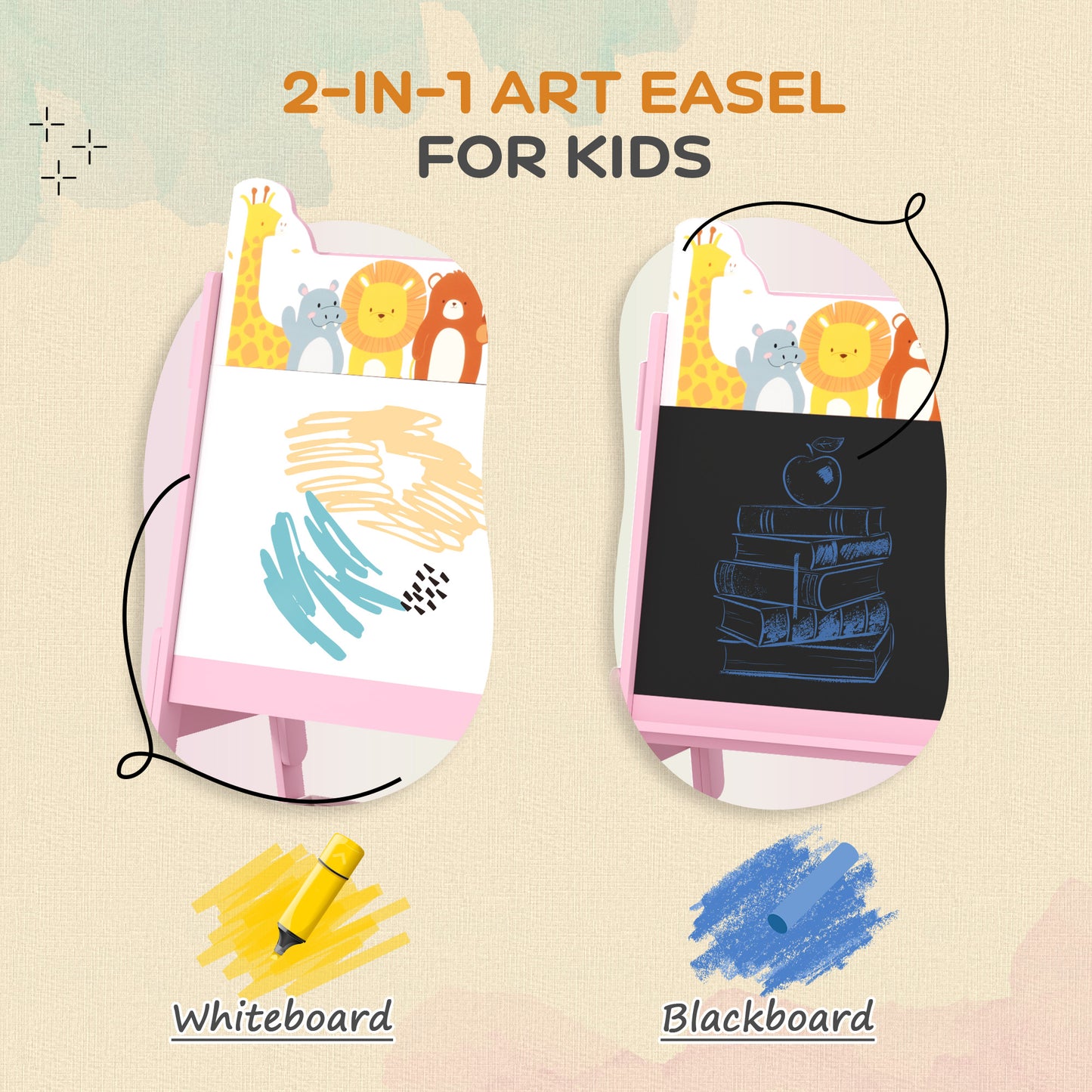 2 in 1 Kids Easel with Whiteboard, Chalkboard, Storage Boxes