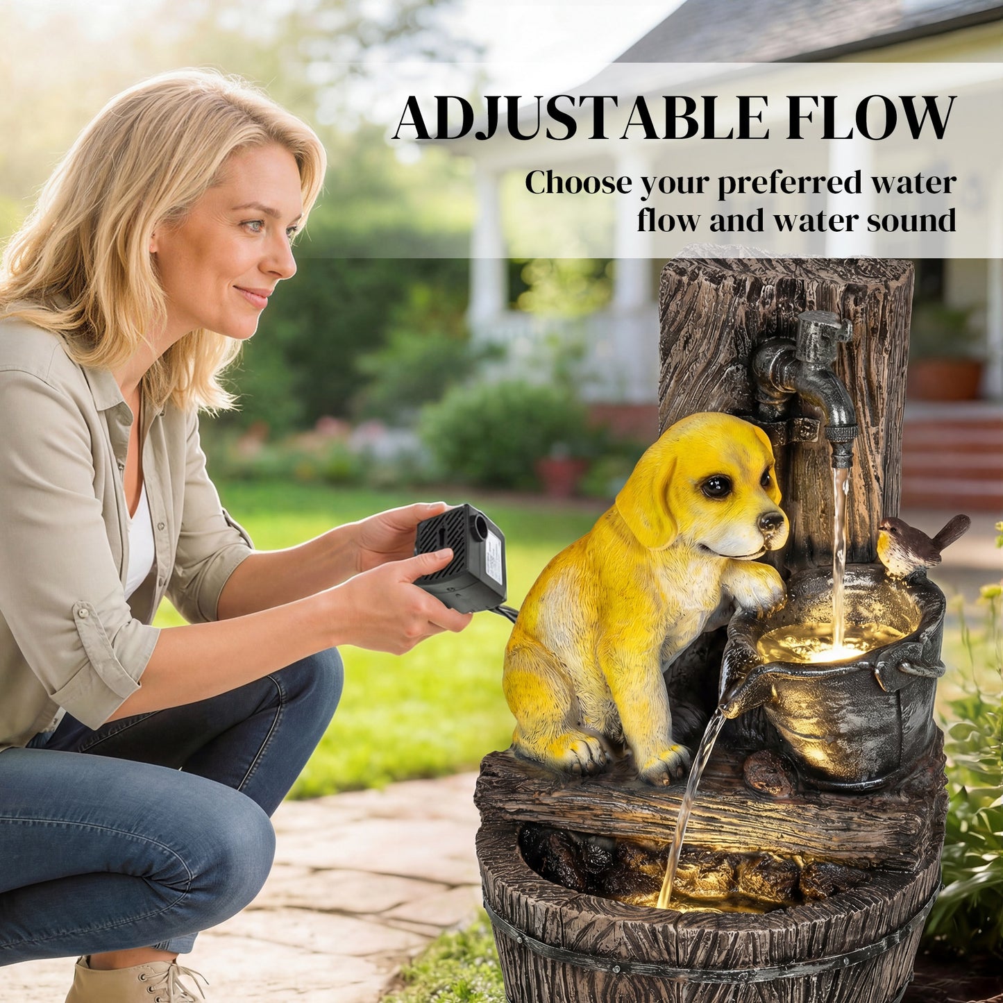 Garden Water Feature with 3-Tier Rustic Puppy Design