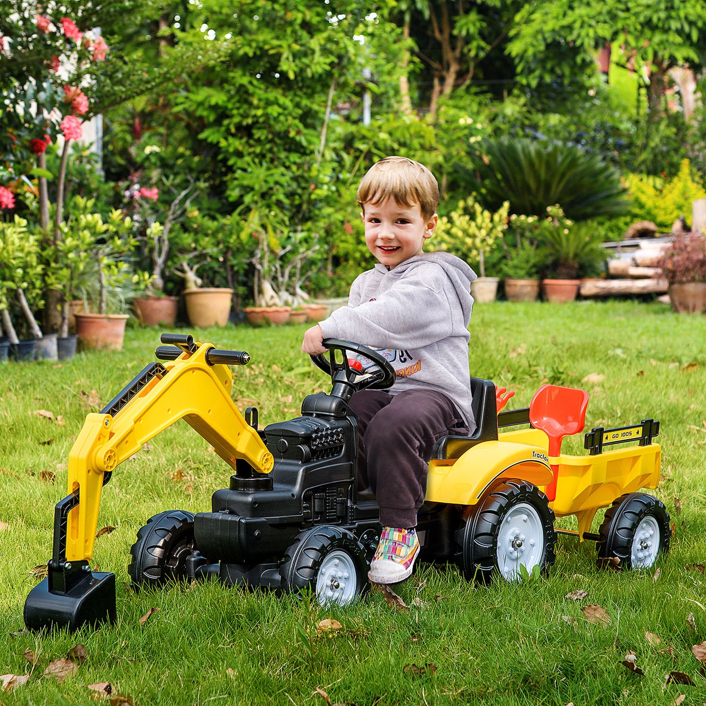 Kids Ride-On Construction Car, with Horn and Detachable Trailer
