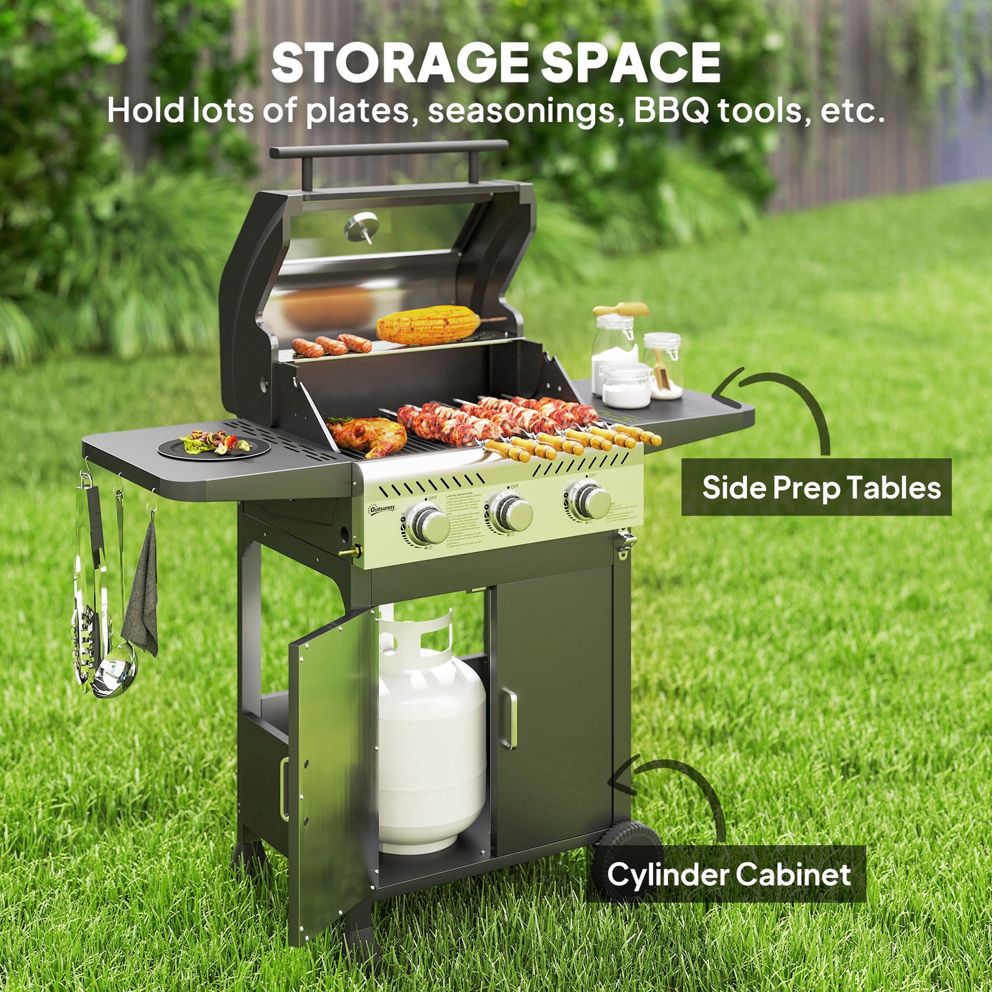 7.5kW Three-Burner Gas BBQ Grill, with See-Through Lid