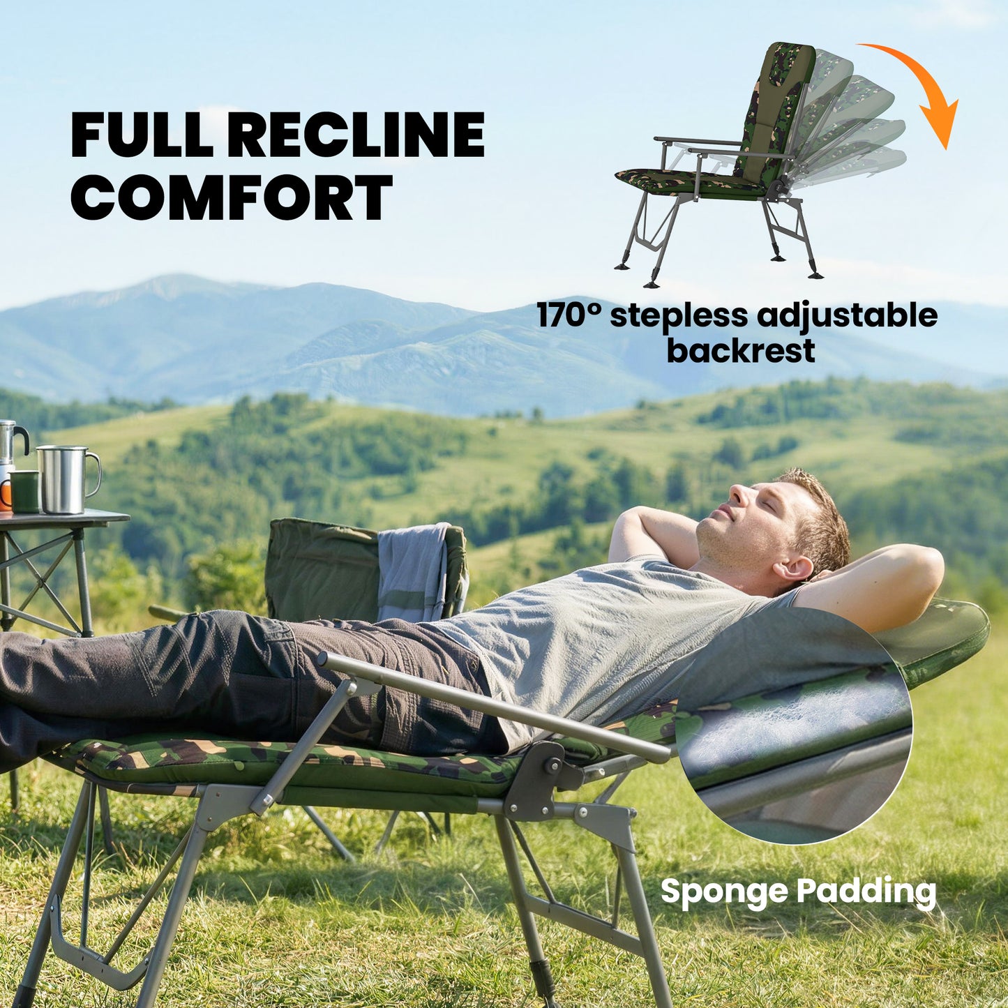 Camping Chair Padded Reclining Folding Chair with Wide Armrests