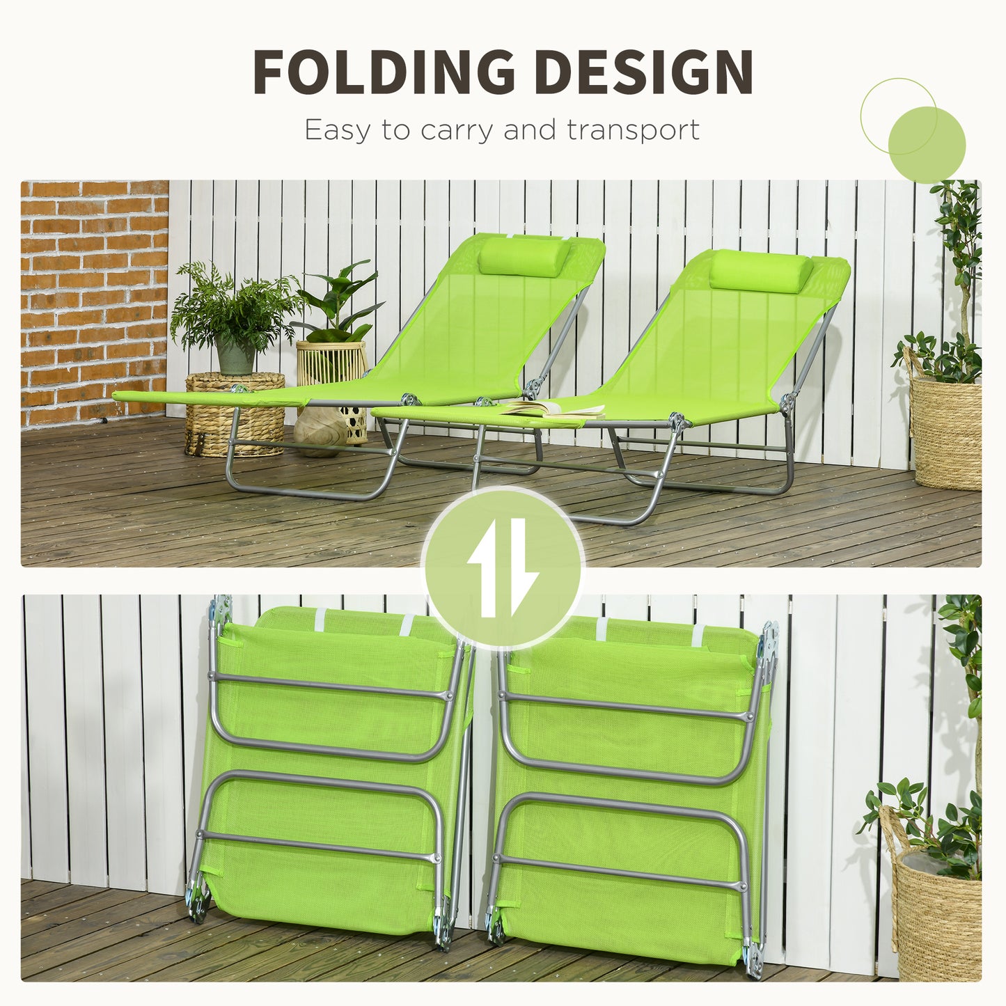 Set of Two Steel Frame Sun Loungers, with Reclining Backs