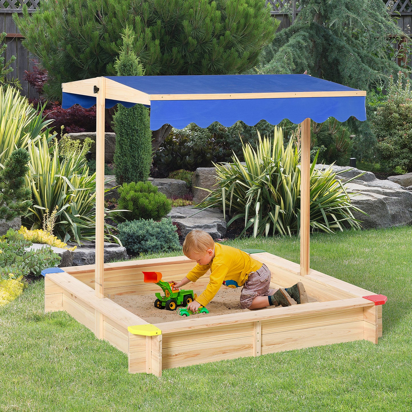 Kids Wooden Sand Pit Sandbox Children Square Outdoor Playset