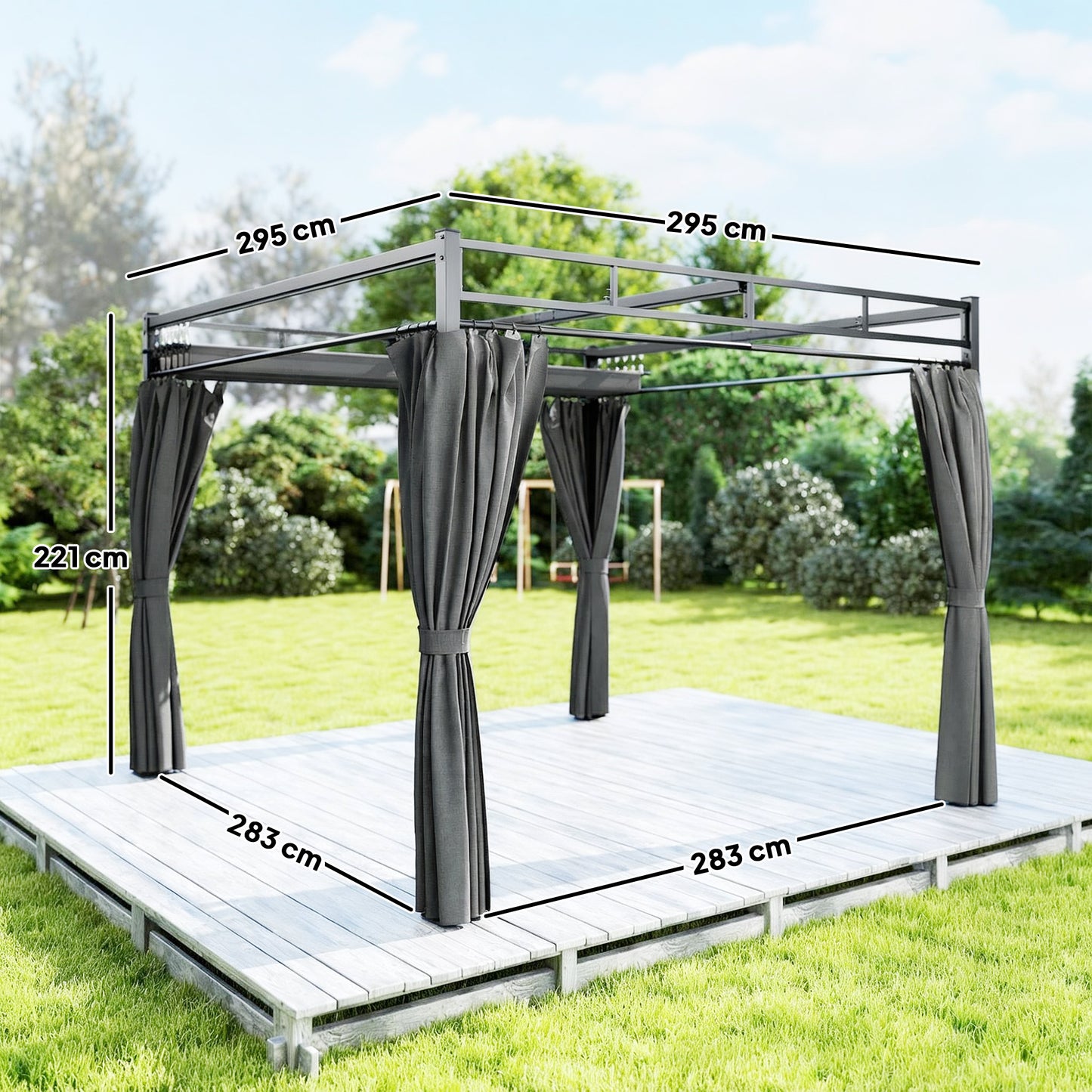3 x 3 m Pergola with Retractable Roof Canopy and Curtains
