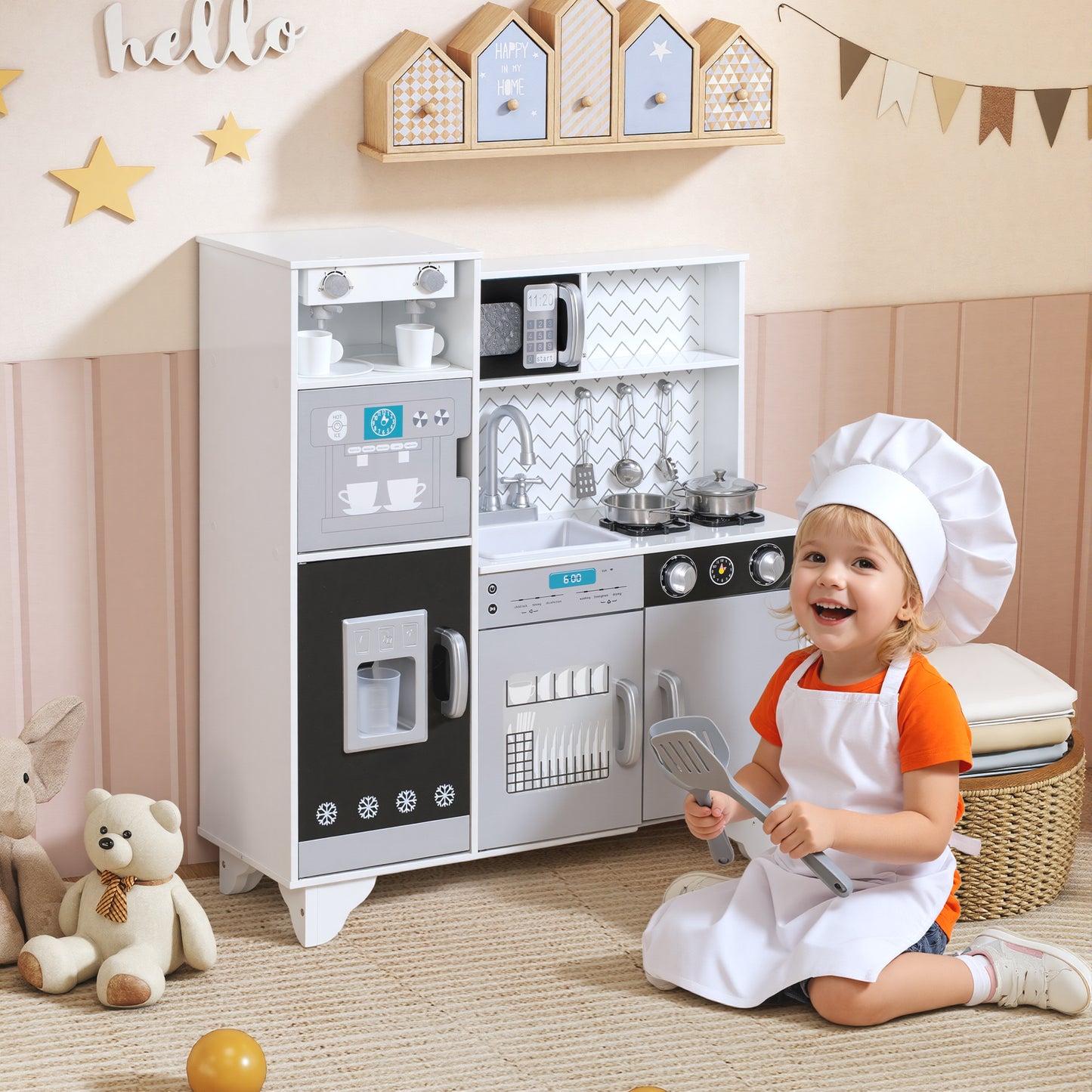 Kids Play Kitchen with Sound, Ice/Coffee Maker, Utensils, Microwave