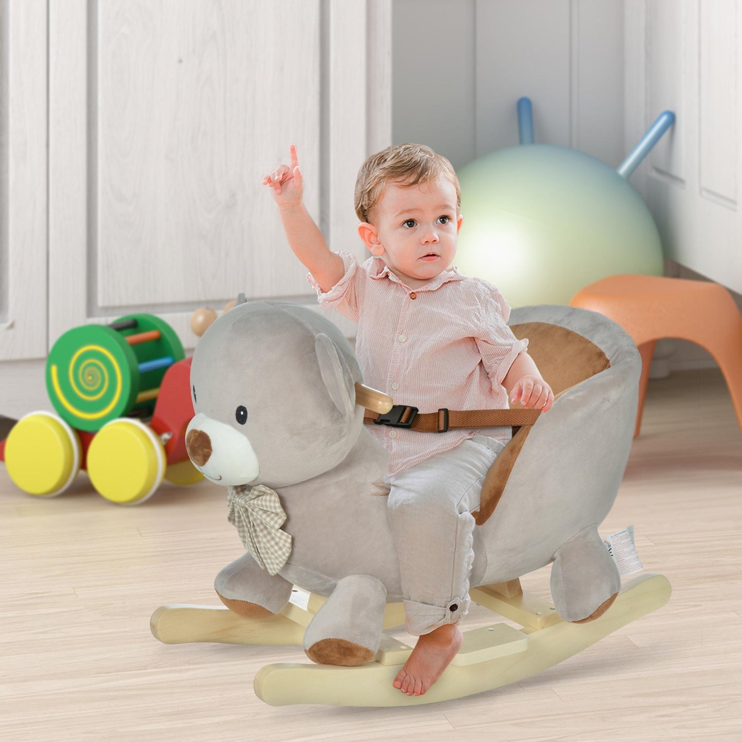 Kids Children Rocking Horse Plush Ride On Bear Seat w/ Sound Wood