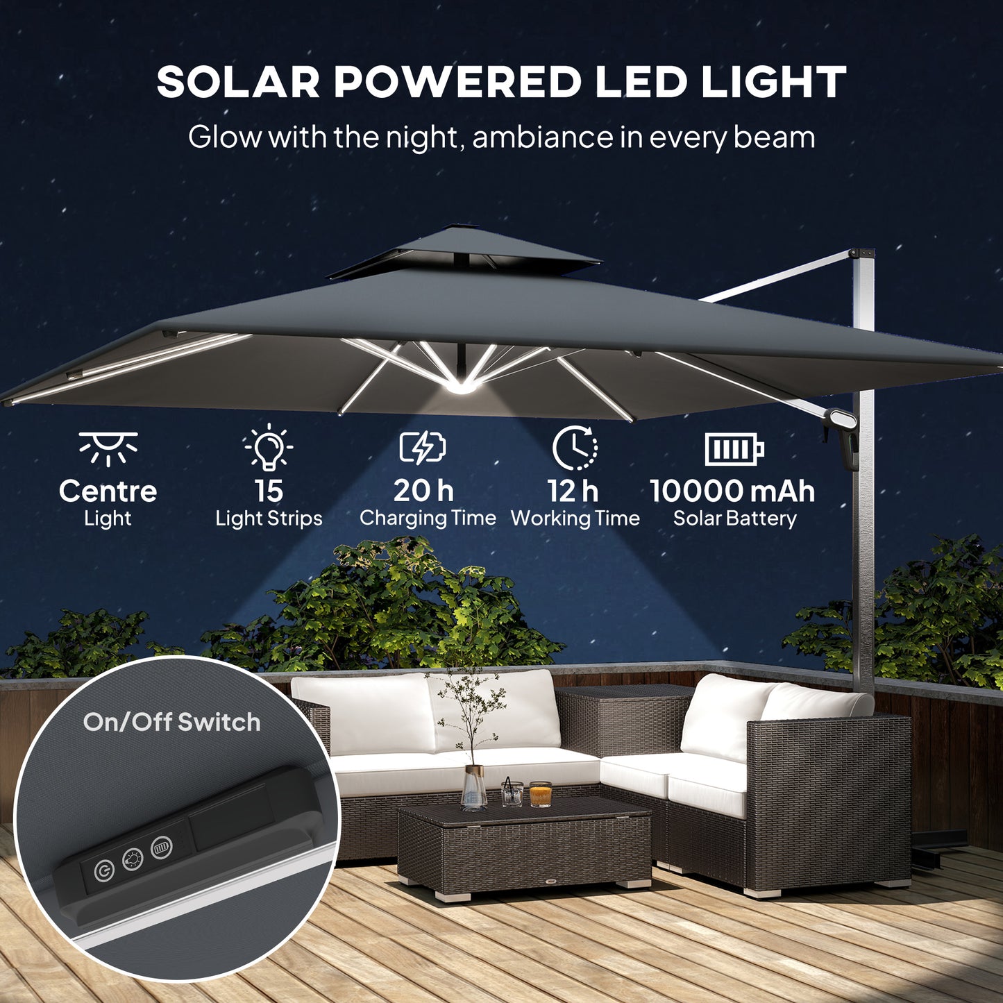 3(m) Garden Cantilever Parasol with Solar LED Lights, Cross Base