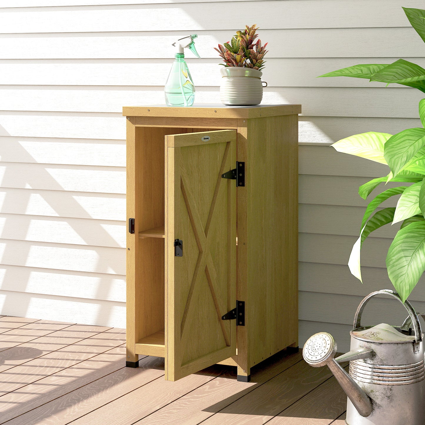 Wooden Garden Shed, Garden Tool Storage Shed with Metal Top and Shelf