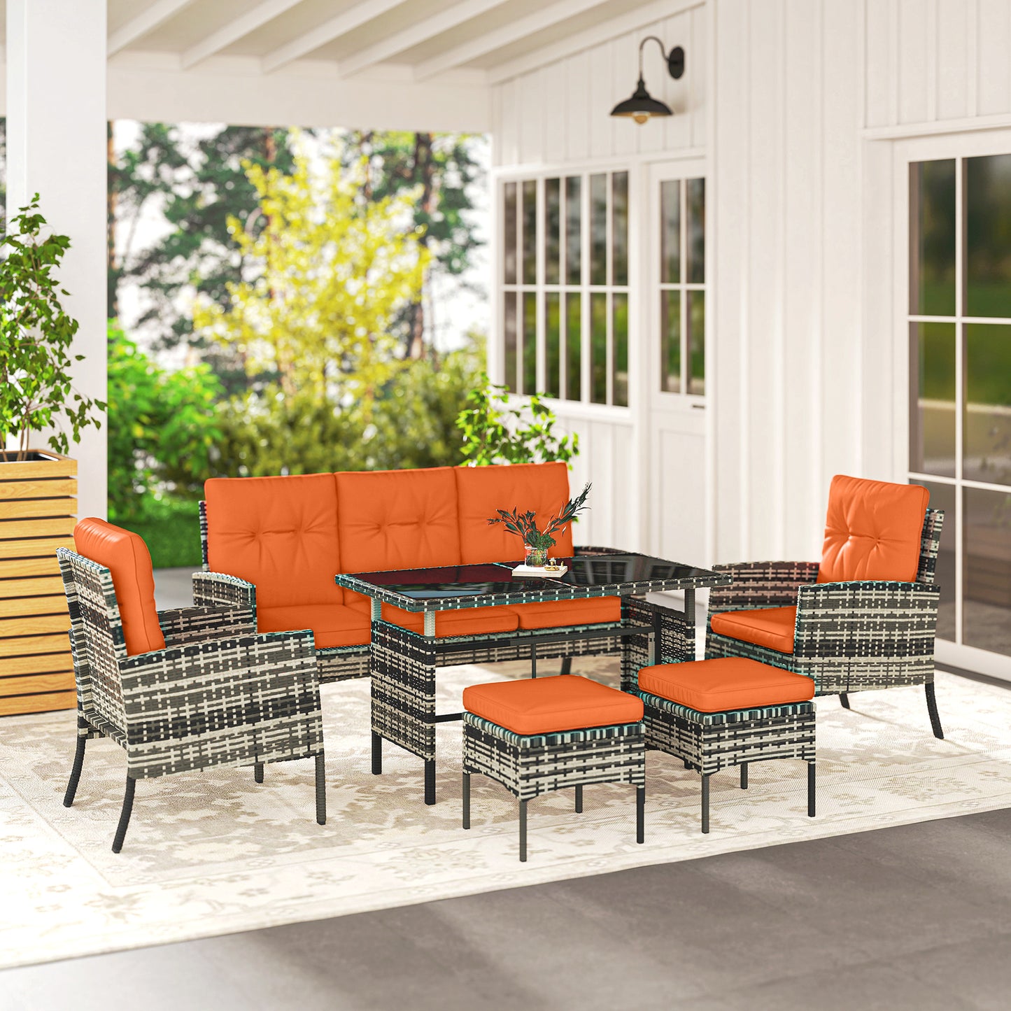 6 Pieces Rattan Garden Furniture Set with Dining Table and Cushions