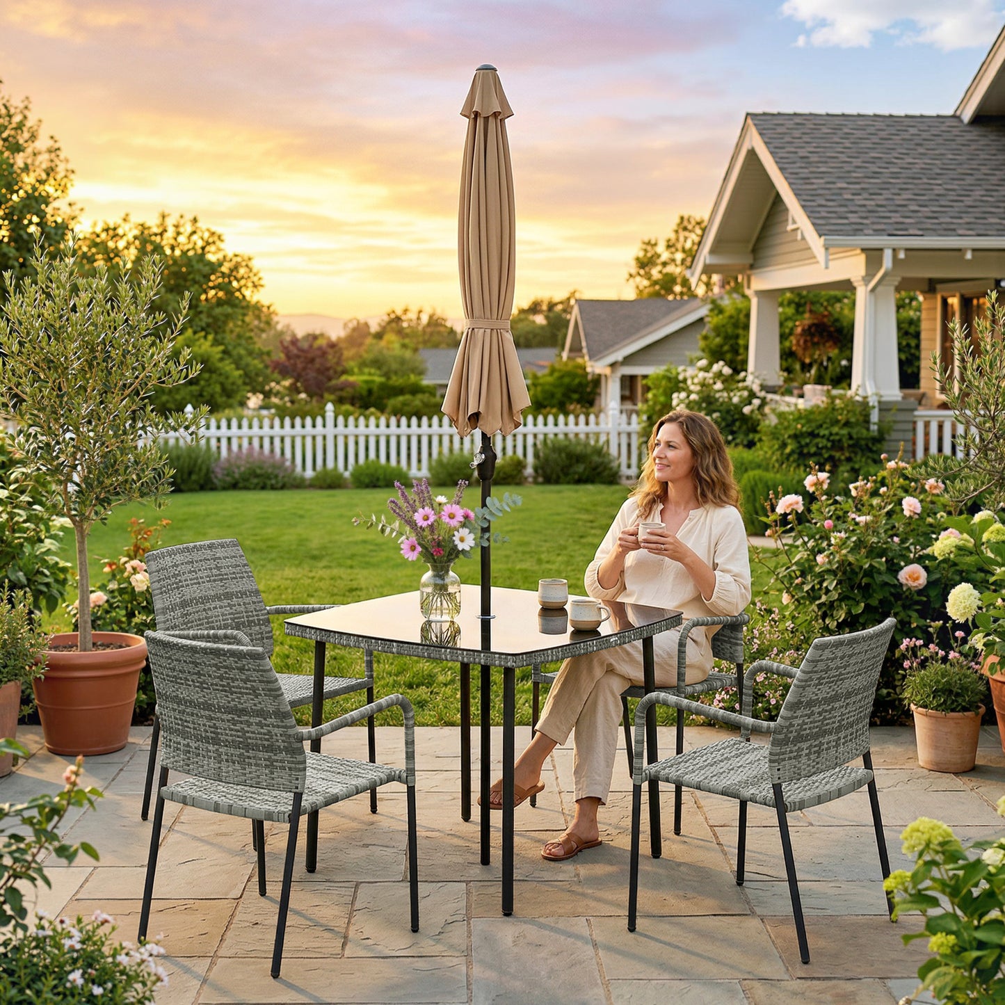 4 Seater Rattan Dining Set with Parasol