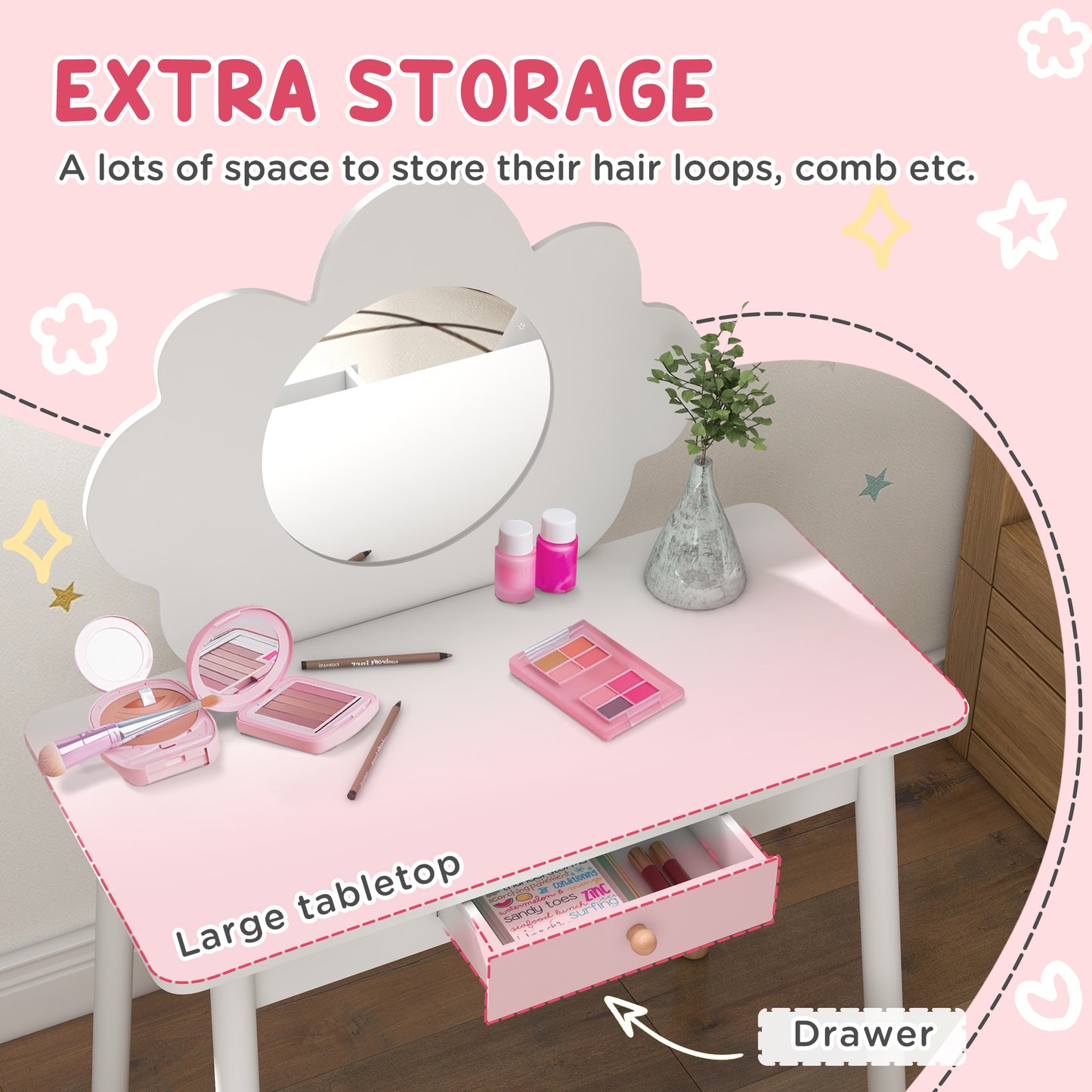 Kids Dressing Table with Mirror, Stool, Drawer, Cloud Design