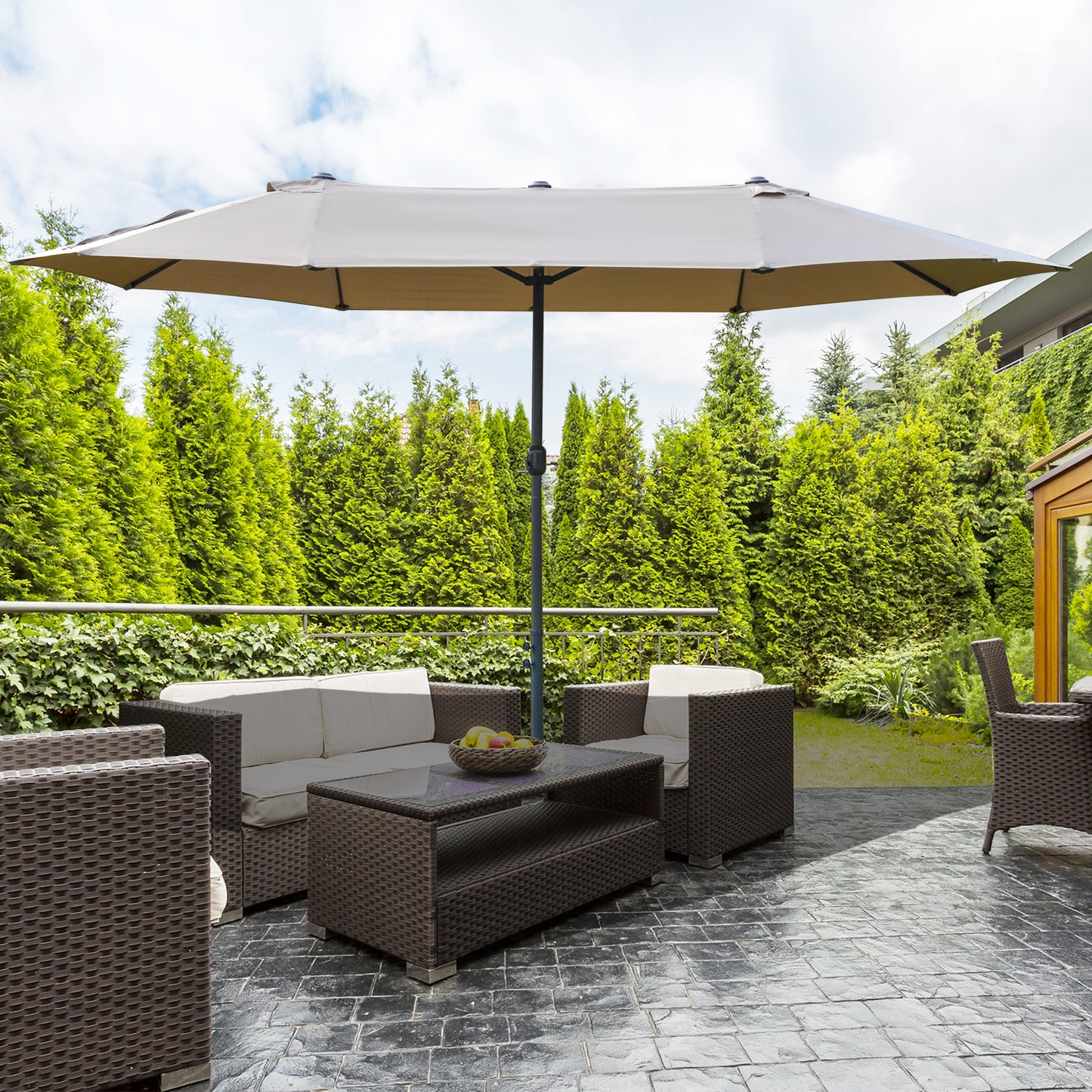 4.6M Sun Umbrella Canopy Double-sided Crank Sun Shade w/ Cross Base (1)