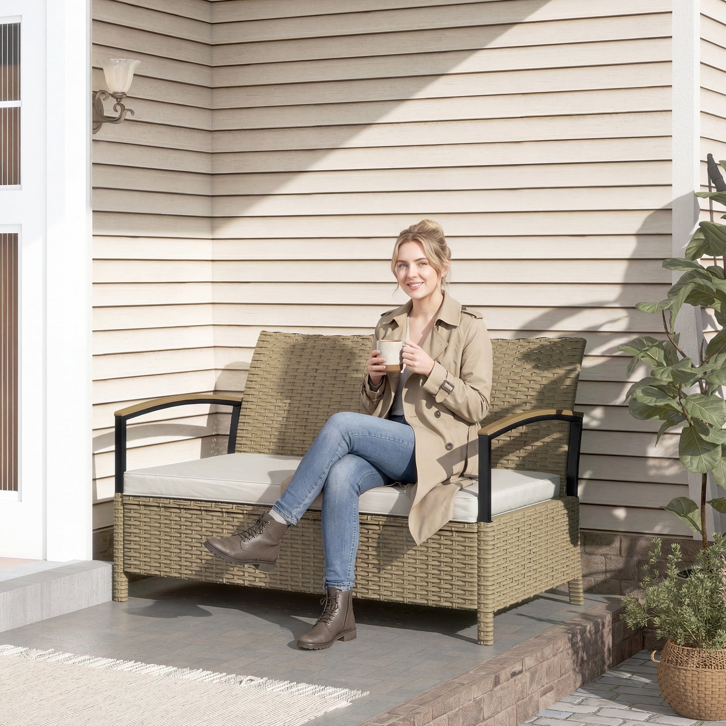 125L Garden Storage Bench, 2 Seater PE Rattan Outdoor Bench Storage
