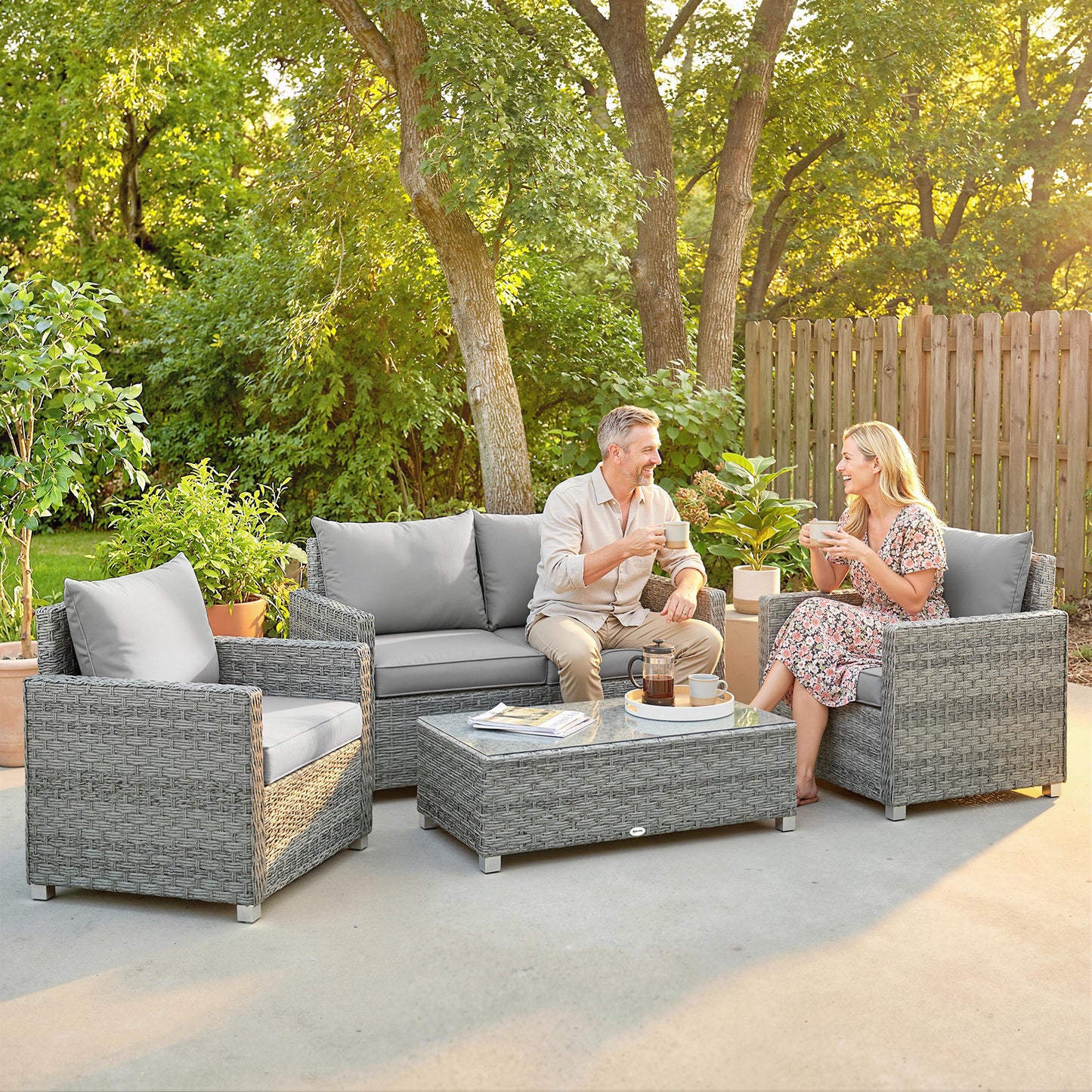 4 Piece Rattan Garden Furniture Set with Loveseat, 2 Armchairs